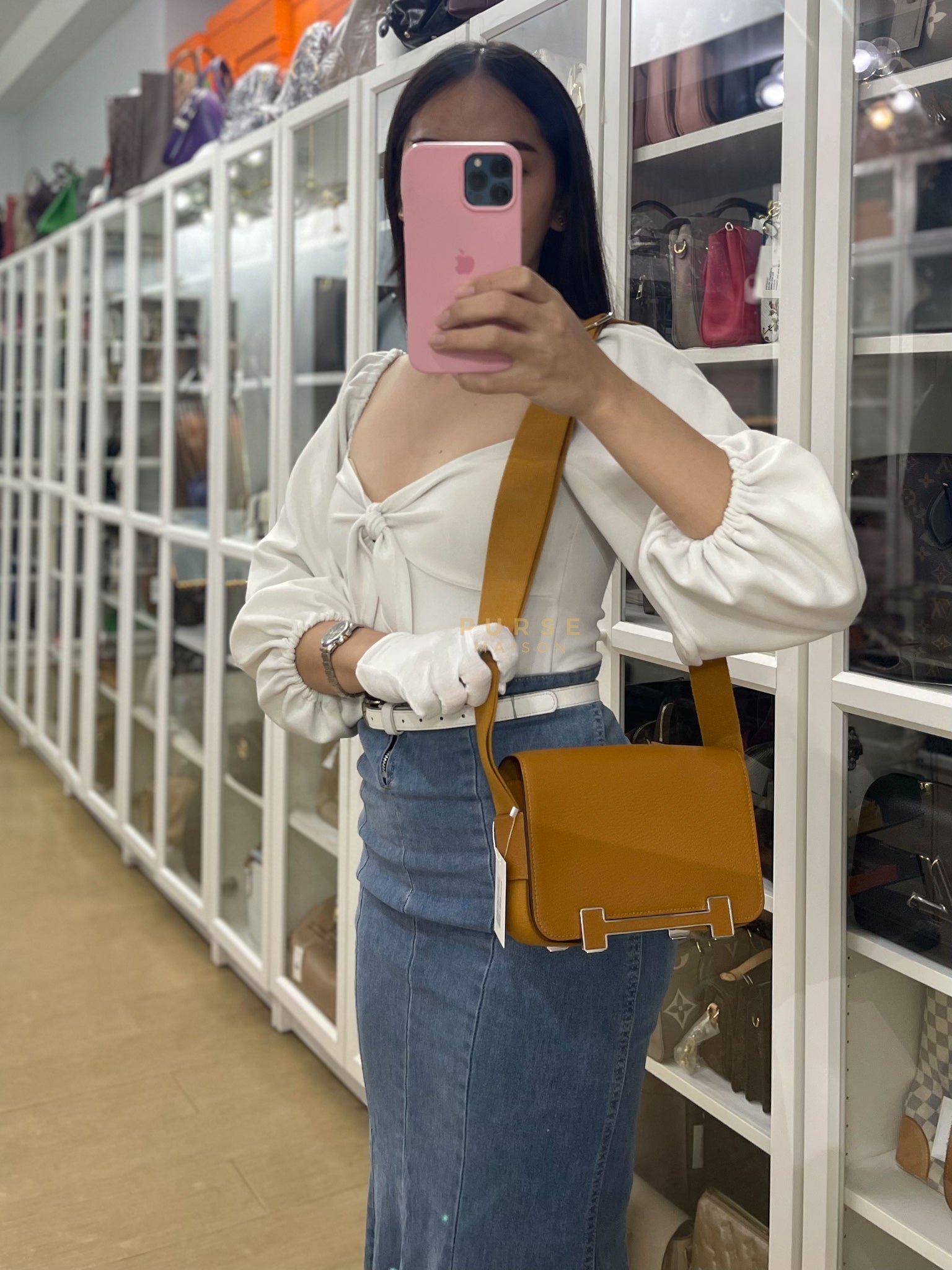 Geta in Caramel Chevre Mysore Leather & Palladium Hardware Stamp U (2022) | Purse Maison Luxury Bags Shop