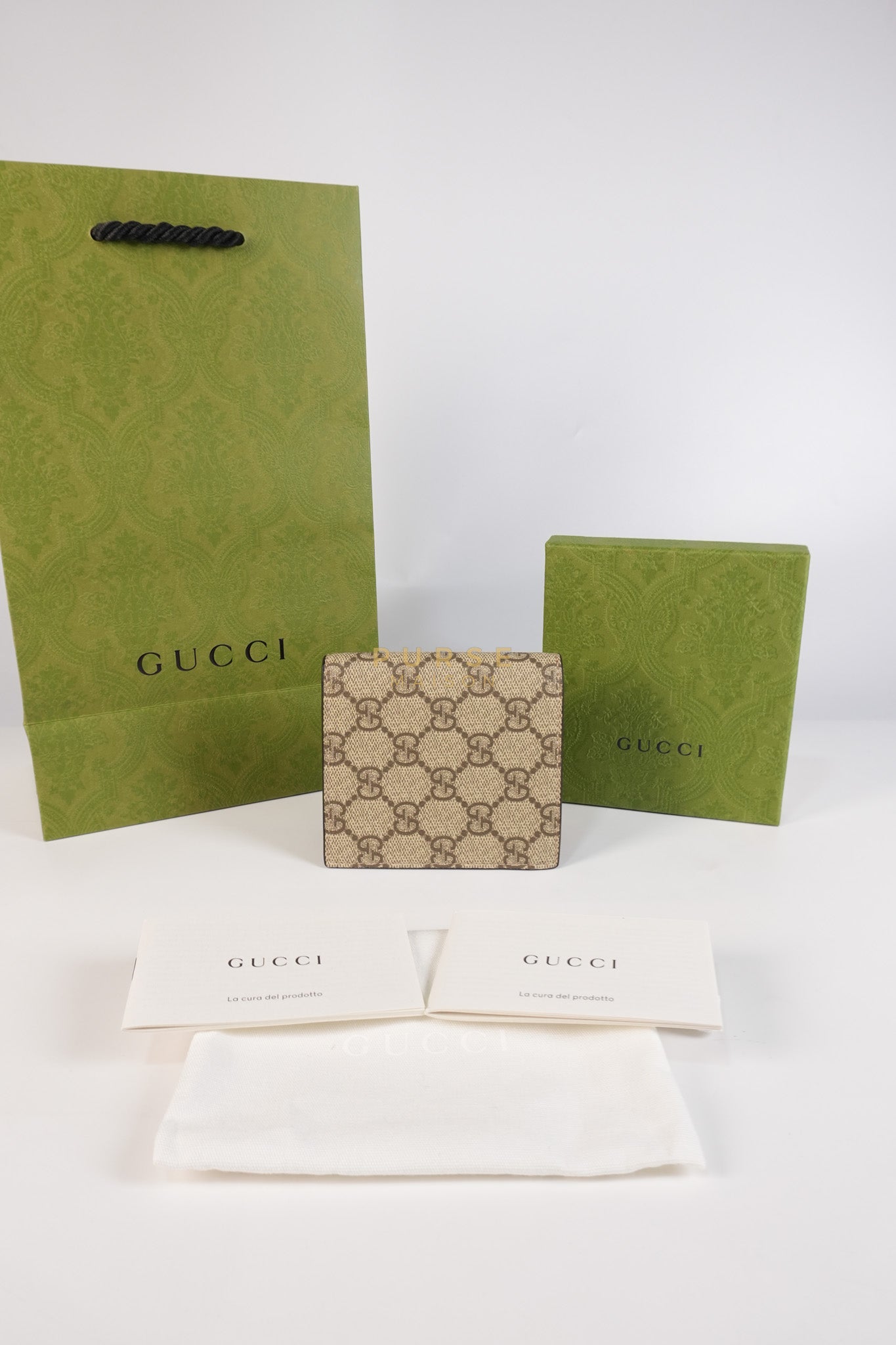 GG Bi-Fold Wallet in Beige & Ebony Supreme Monogram Canvas | Purse Maison Luxury Bags Shop