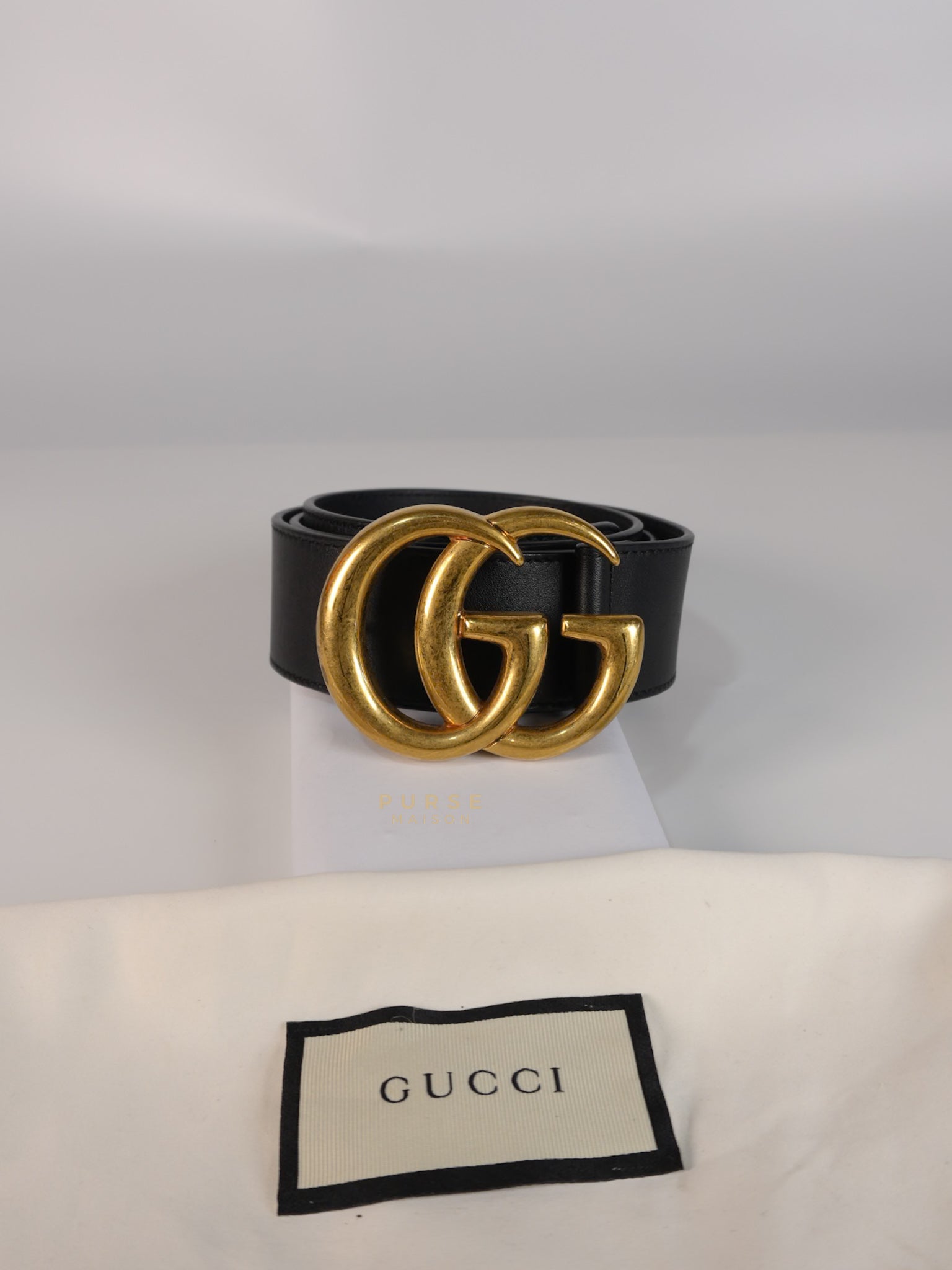 GG Buckle Wide Black Leather Belt 80cm | Purse Maison Luxury Bags Shop