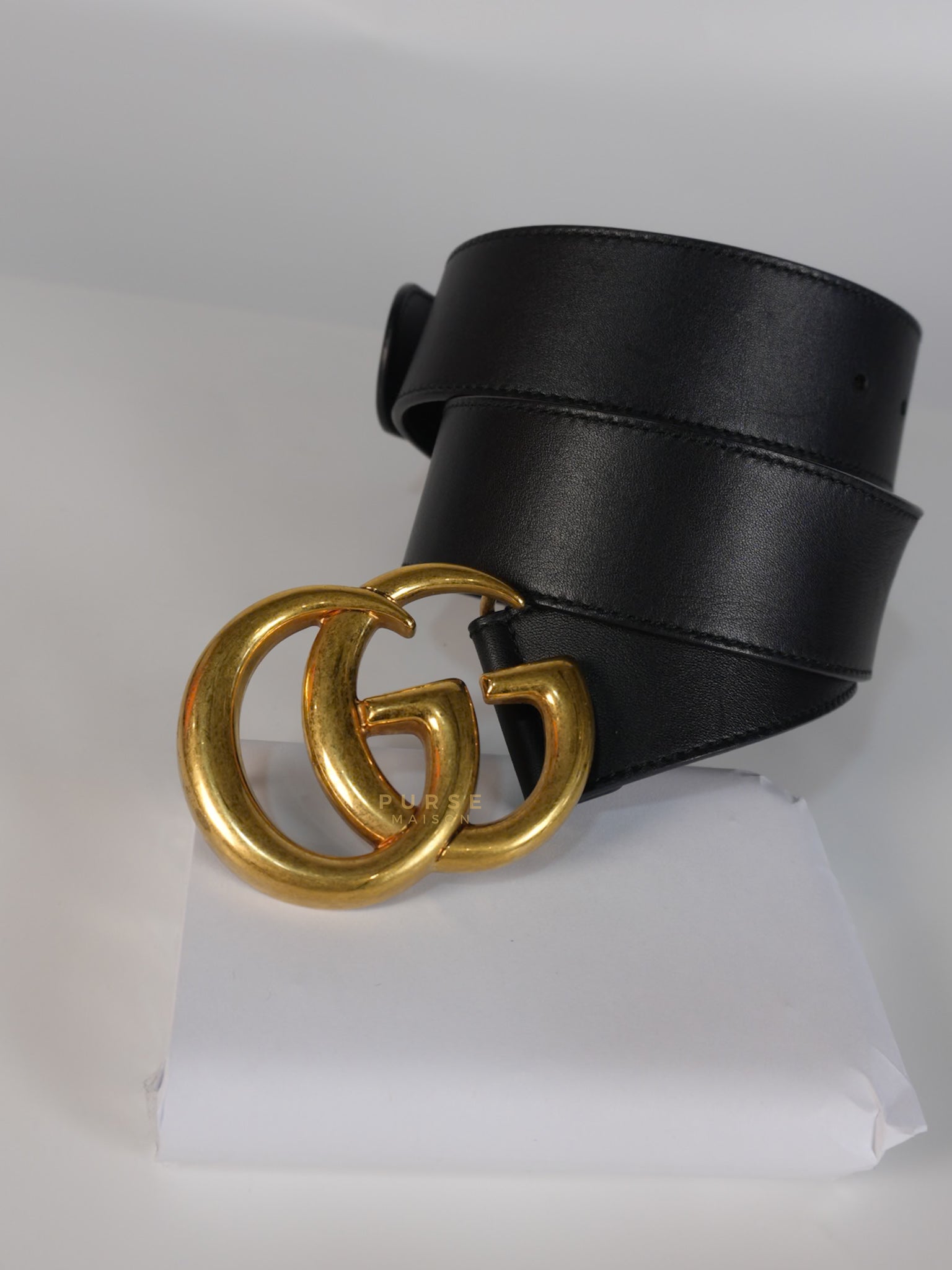 GG Buckle Wide Black Leather Belt 80cm | Purse Maison Luxury Bags Shop