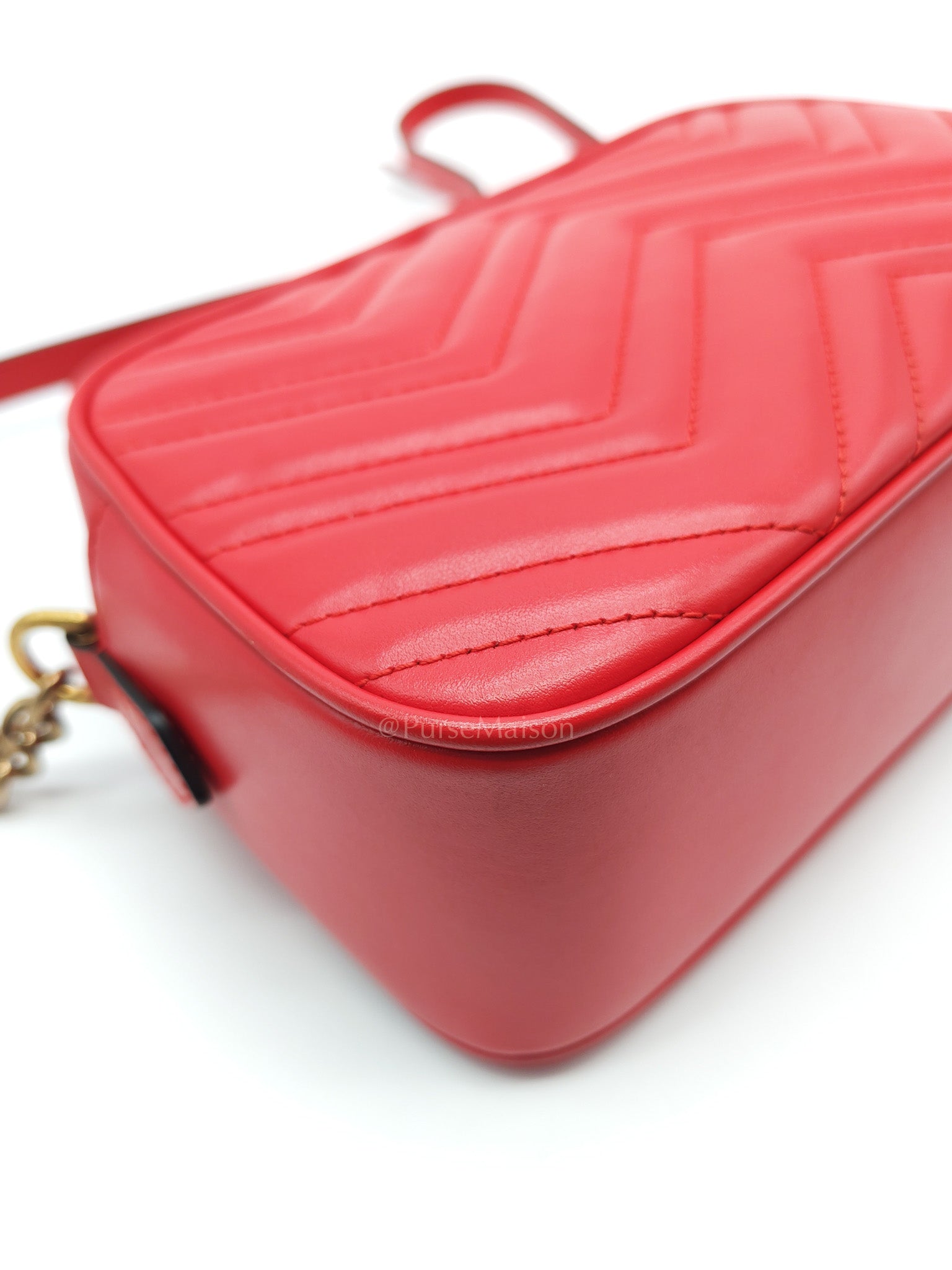 GG Marmont Camera Bag in Red Calfskin Matellase Leather & Aged Gold Hardware | Purse Maison Luxury Bags Shop