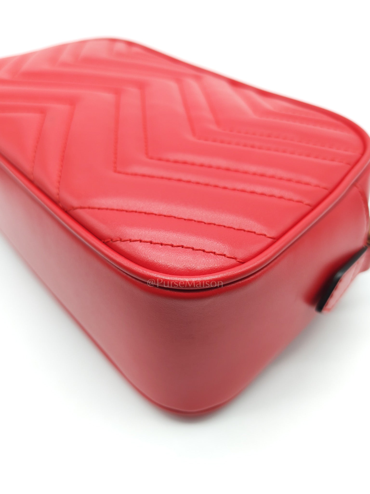 GG Marmont Camera Bag in Red Calfskin Matellase Leather & Aged Gold Hardware | Purse Maison Luxury Bags Shop
