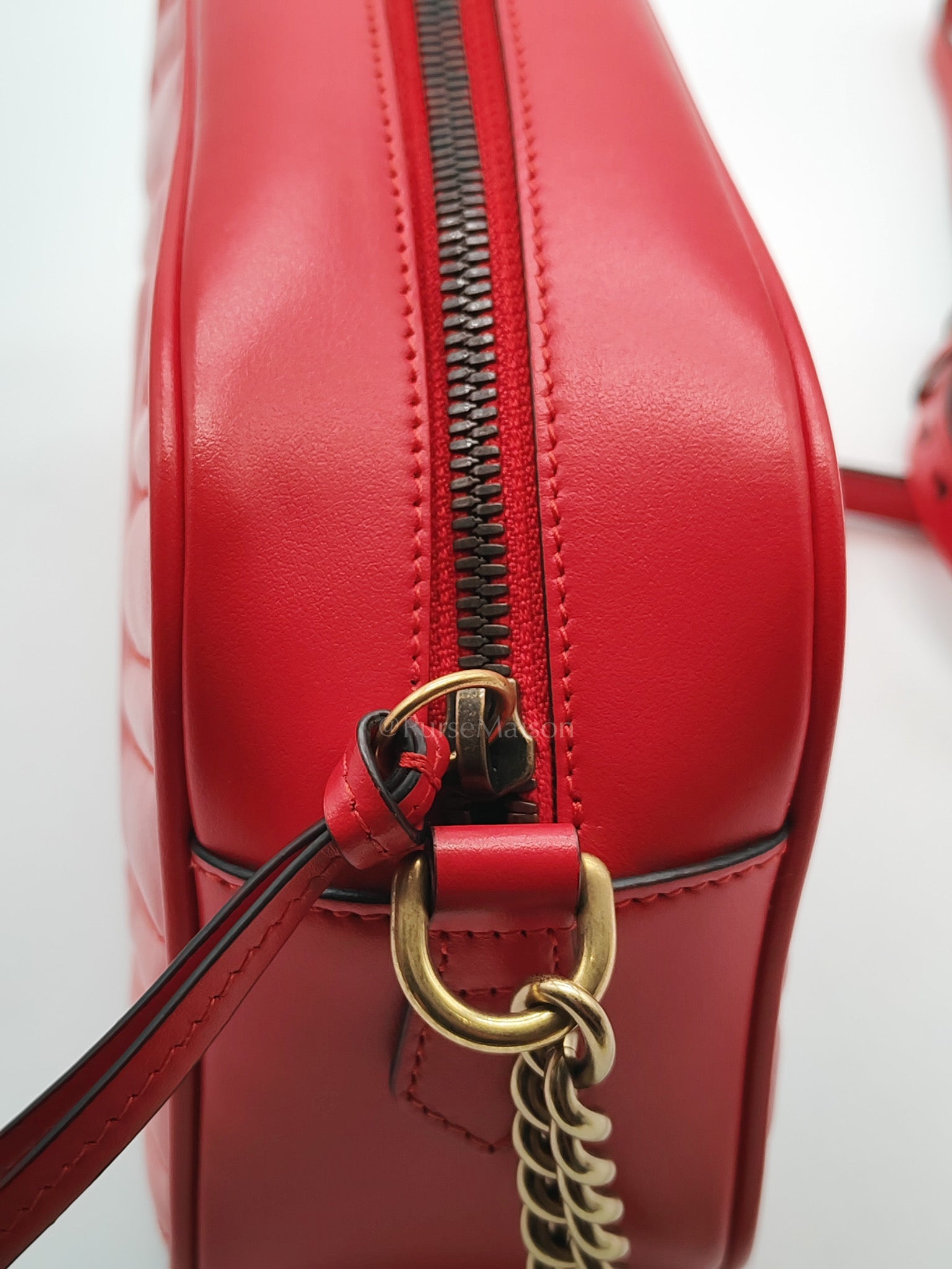GG Marmont Camera Bag in Red Calfskin Matellase Leather & Aged Gold Hardware | Purse Maison Luxury Bags Shop