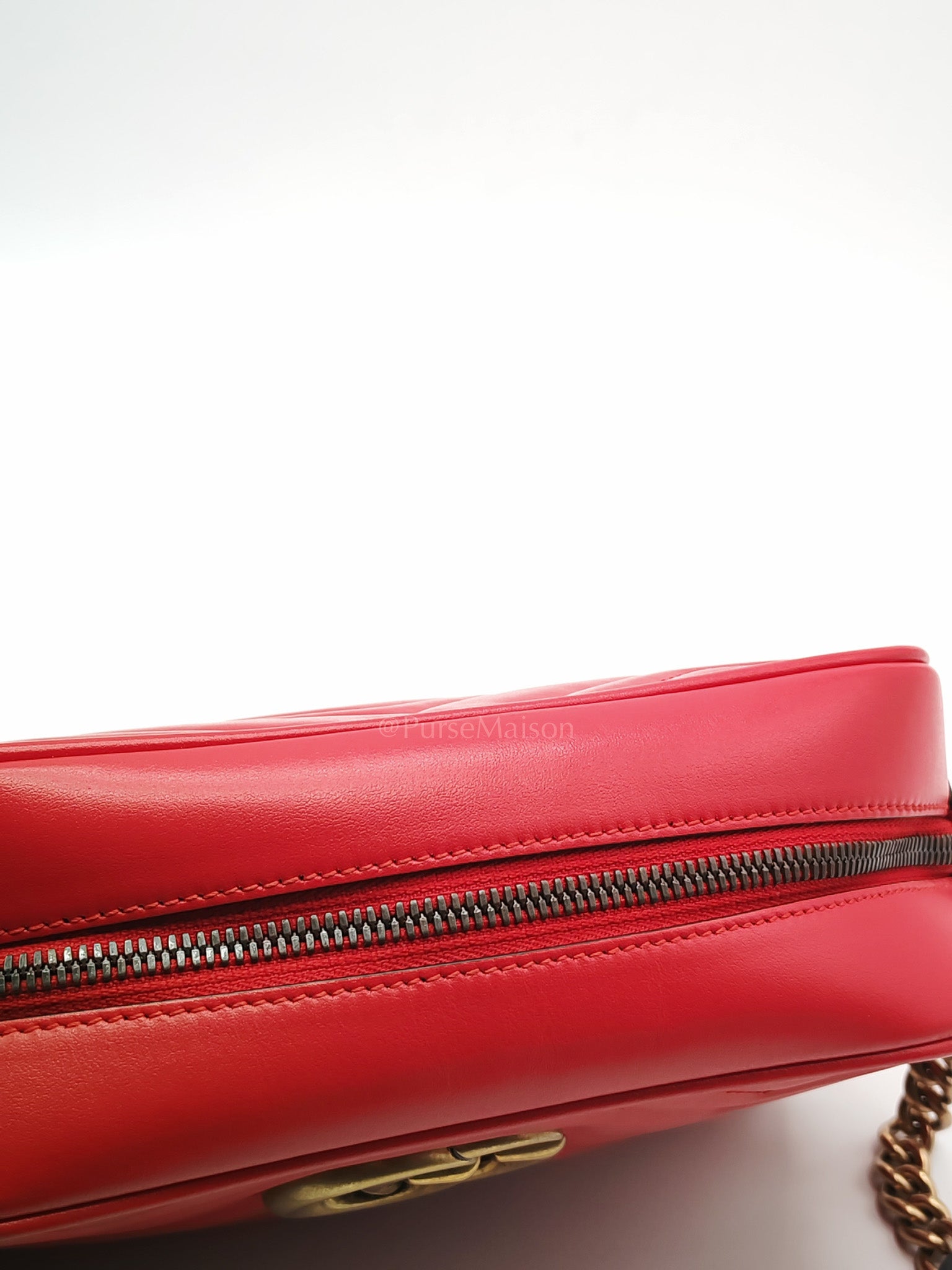 GG Marmont Camera Bag in Red Calfskin Matellase Leather & Aged Gold Hardware | Purse Maison Luxury Bags Shop