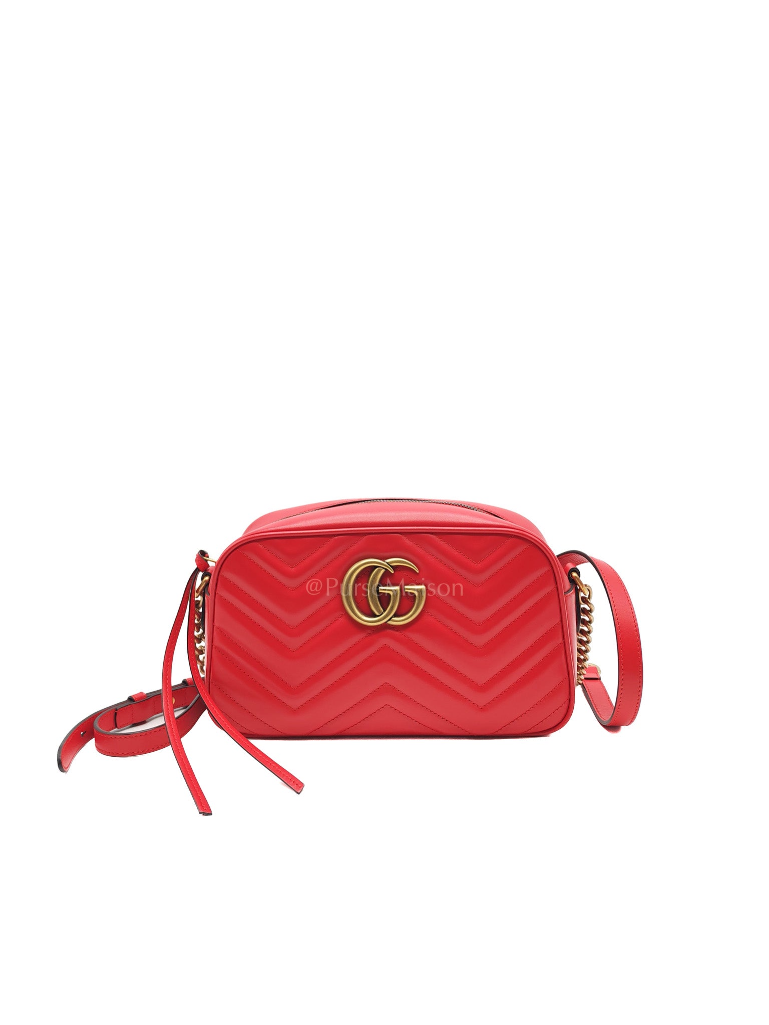 GG Marmont Camera Bag in Red Calfskin Matellase Leather & Aged Gold Hardware | Purse Maison Luxury Bags Shop