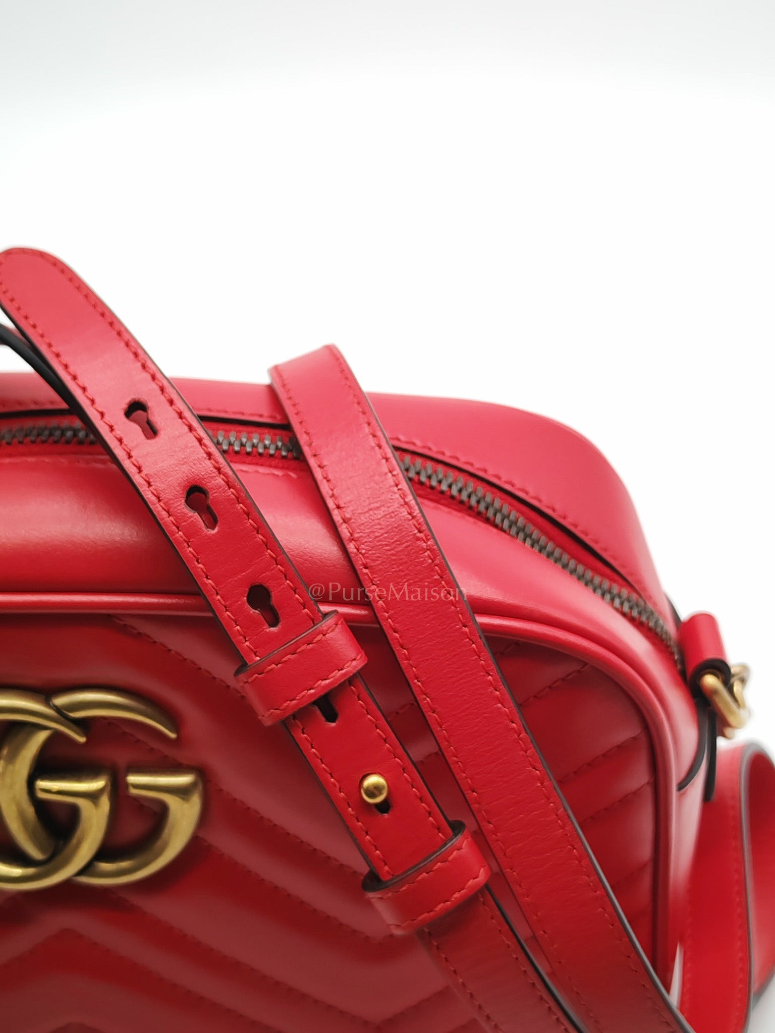 GG Marmont Camera Bag in Red Calfskin Matellase Leather & Aged Gold Hardware | Purse Maison Luxury Bags Shop