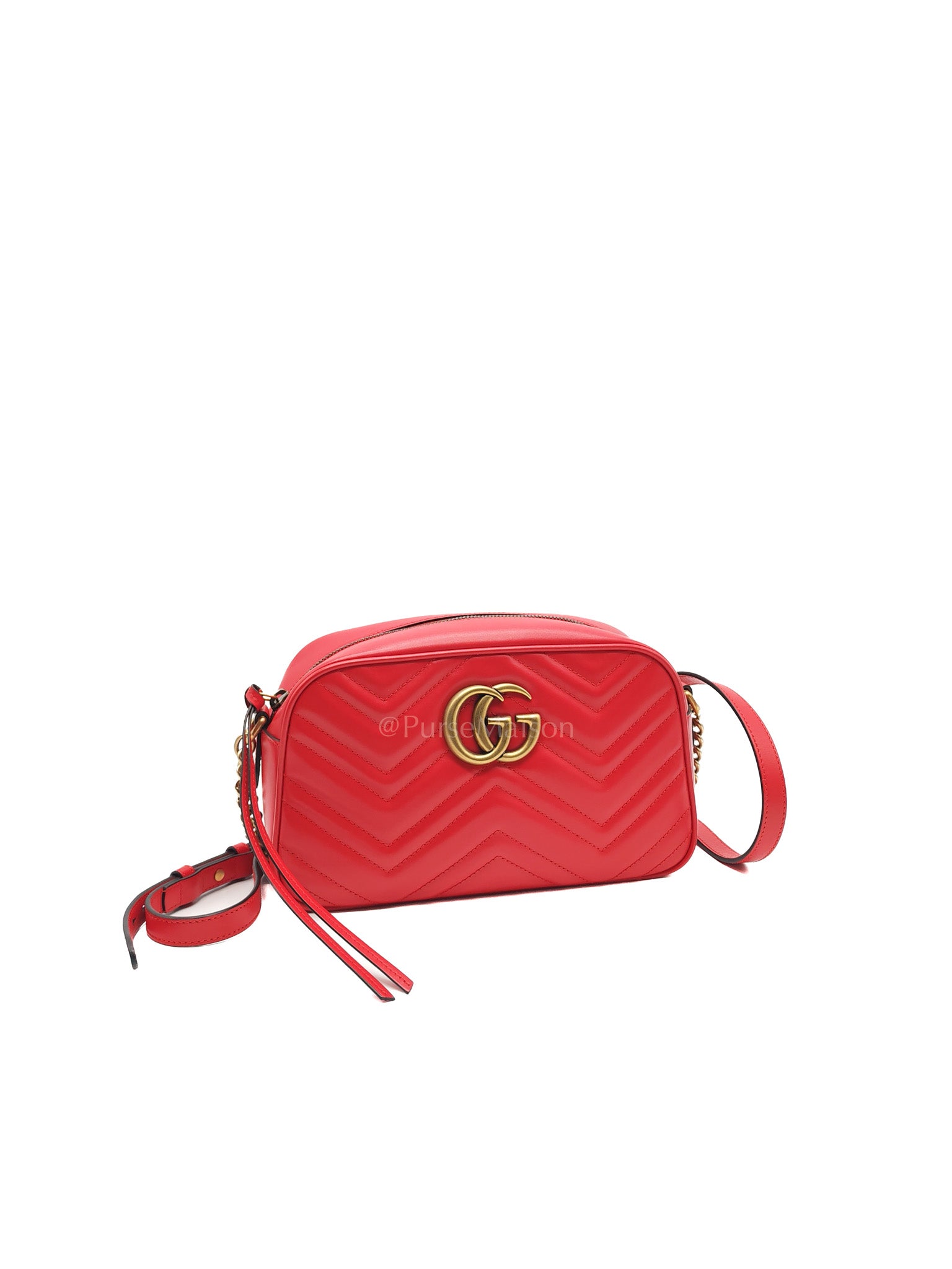 GG Marmont Camera Bag in Red Calfskin Matellase Leather & Aged Gold Hardware | Purse Maison Luxury Bags Shop