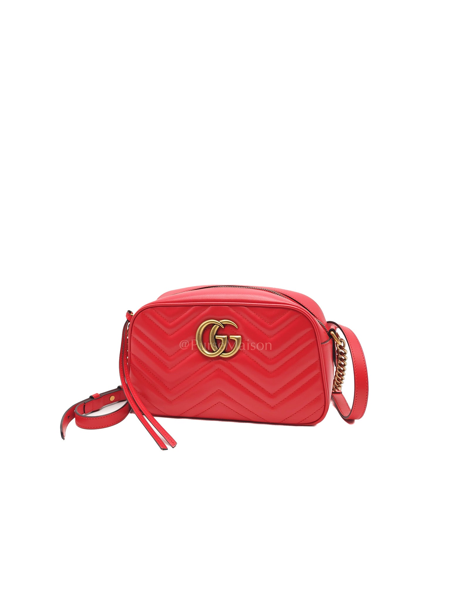 GG Marmont Camera Bag in Red Calfskin Matellase Leather & Aged Gold Hardware | Purse Maison Luxury Bags Shop