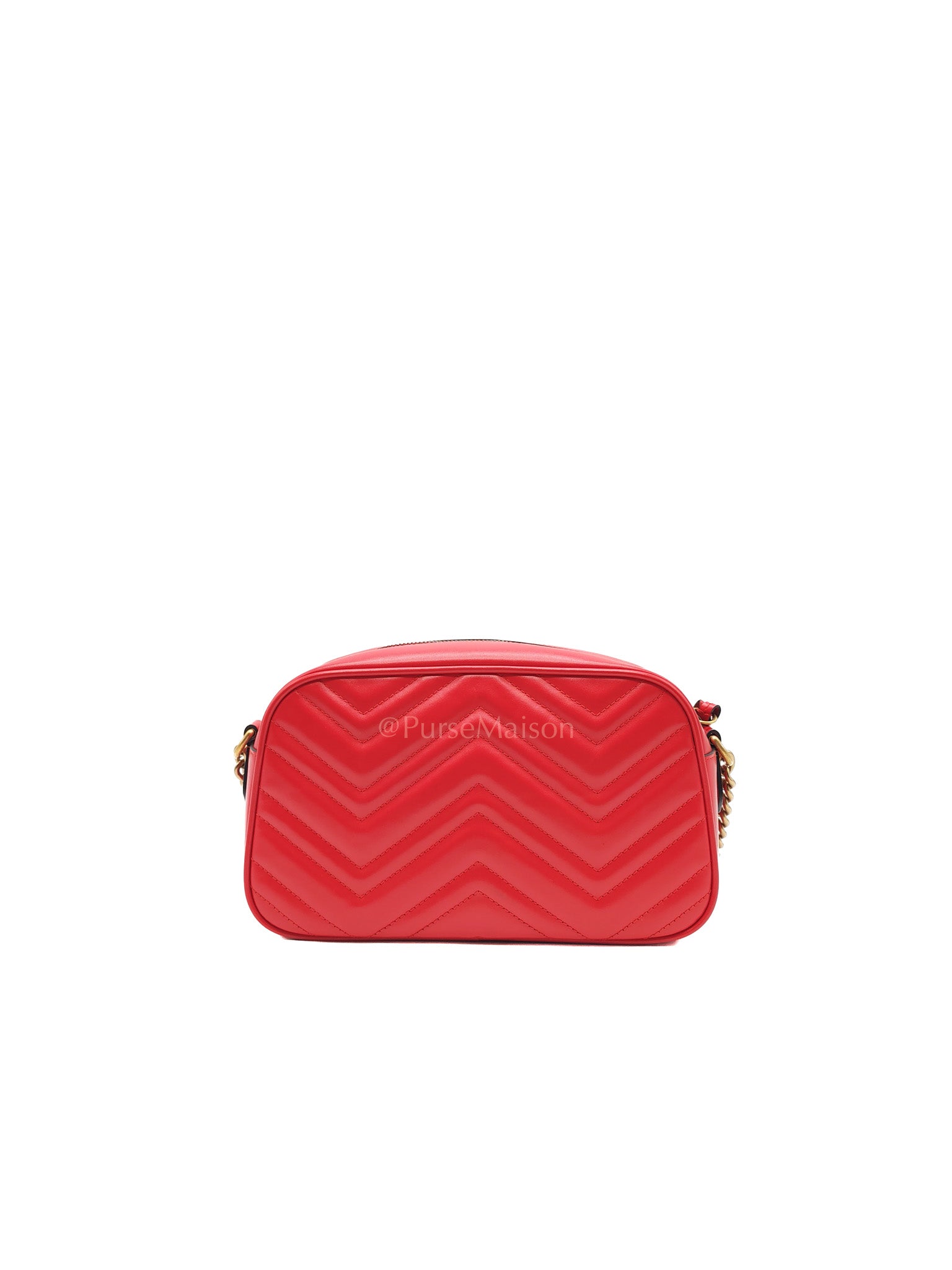 GG Marmont Camera Bag in Red Calfskin Matellase Leather & Aged Gold Hardware | Purse Maison Luxury Bags Shop