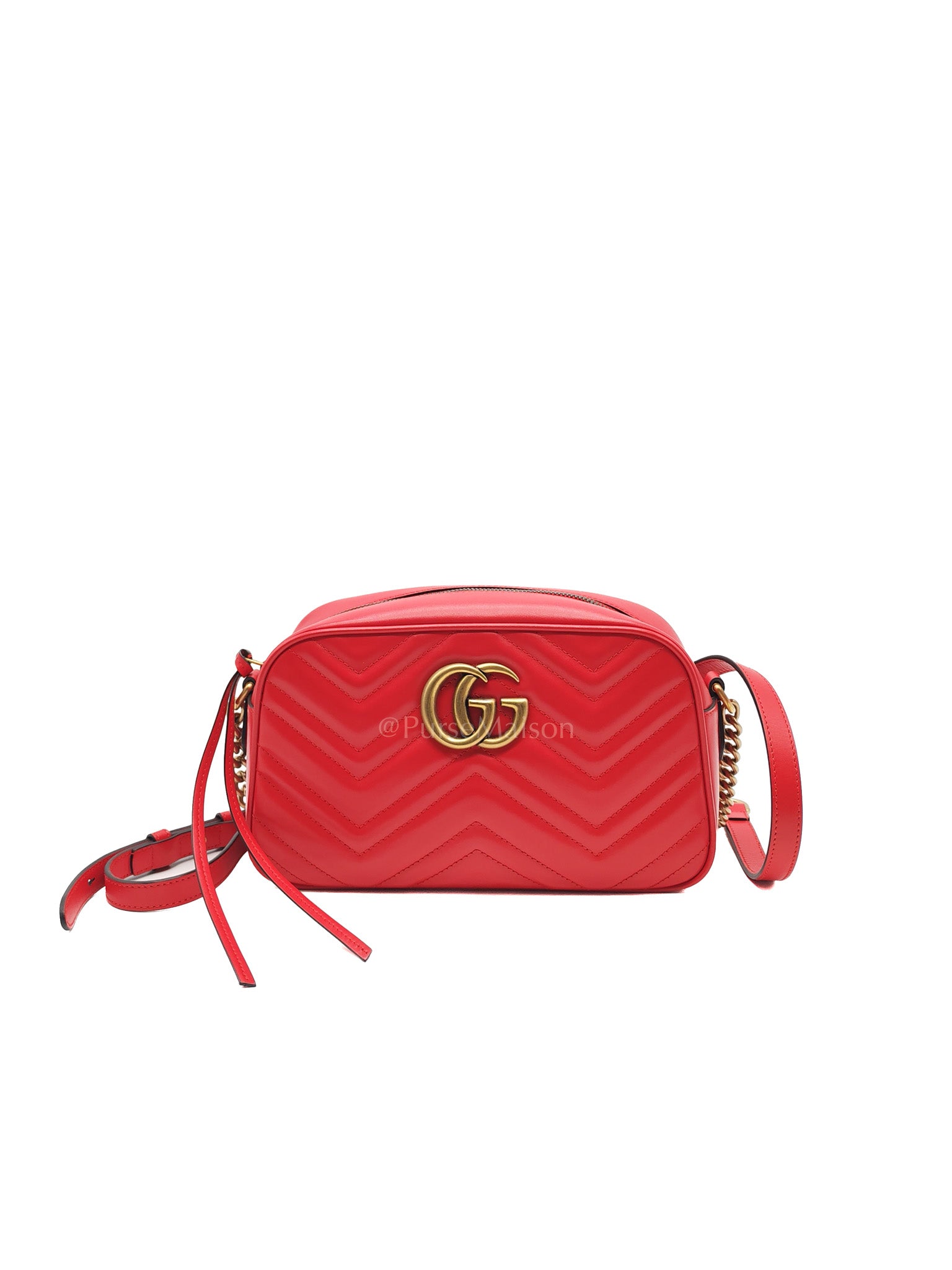 GG Marmont Camera Bag in Red Calfskin Matellase Leather & Aged Gold Hardware | Purse Maison Luxury Bags Shop