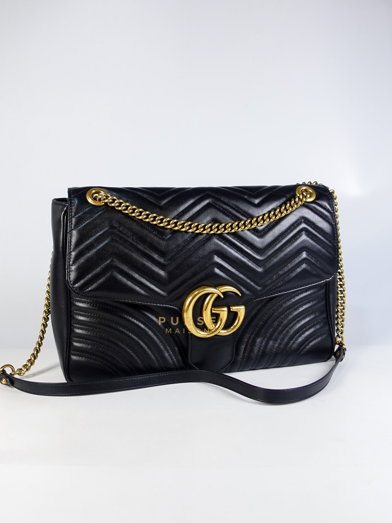 GG Marmont Flap Bag Large in Black Matelasse Leather & Aged Gold Hardware | Purse Maison Luxury Bags Shop
