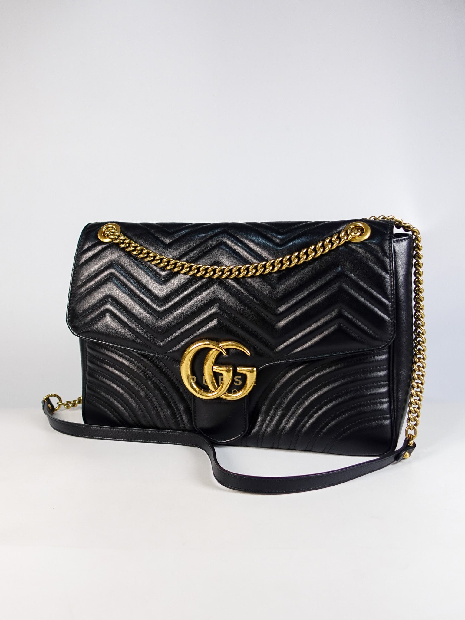 GG Marmont Flap Bag Large in Black Matelasse Leather & Aged Gold Hardware | Purse Maison Luxury Bags Shop