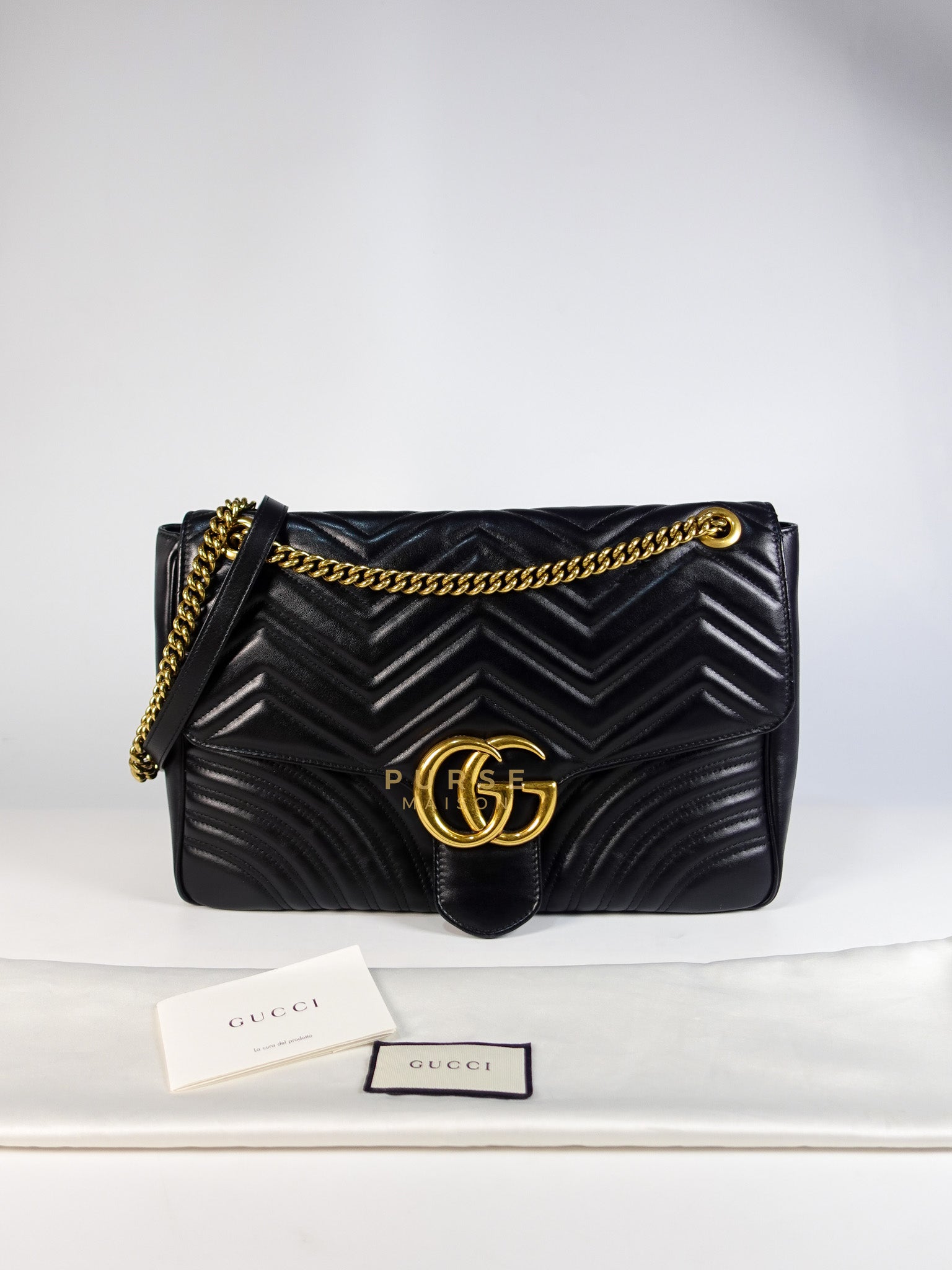 GG Marmont Flap Bag Large in Black Matelasse Leather & Aged Gold Hardware | Purse Maison Luxury Bags Shop