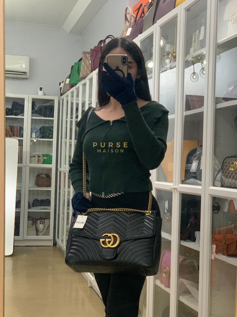 GG Marmont Flap Bag Large in Black Matelasse Leather & Aged Gold Hardware | Purse Maison Luxury Bags Shop