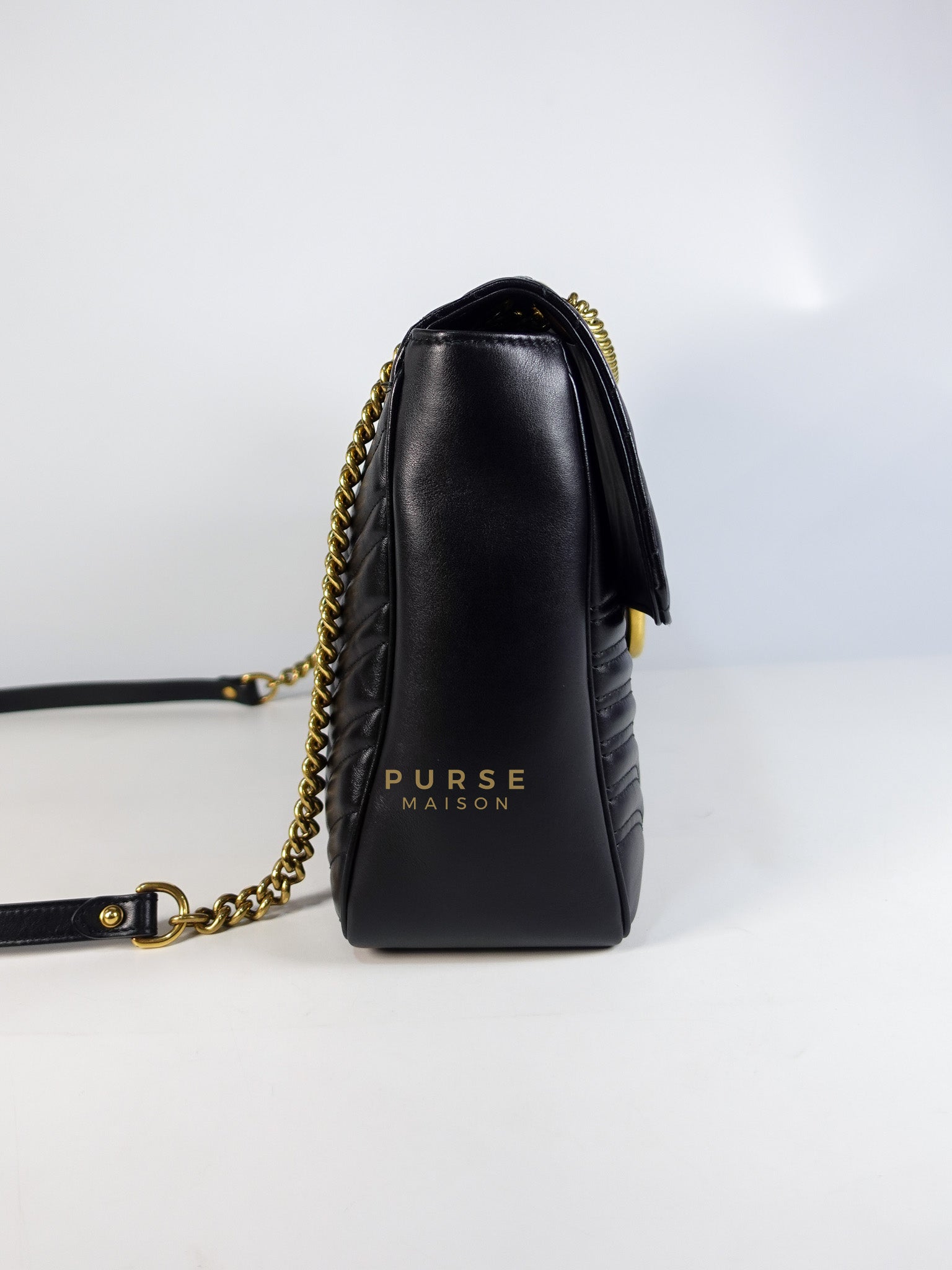 GG Marmont Flap Bag Large in Black Matelasse Leather & Aged Gold Hardware | Purse Maison Luxury Bags Shop