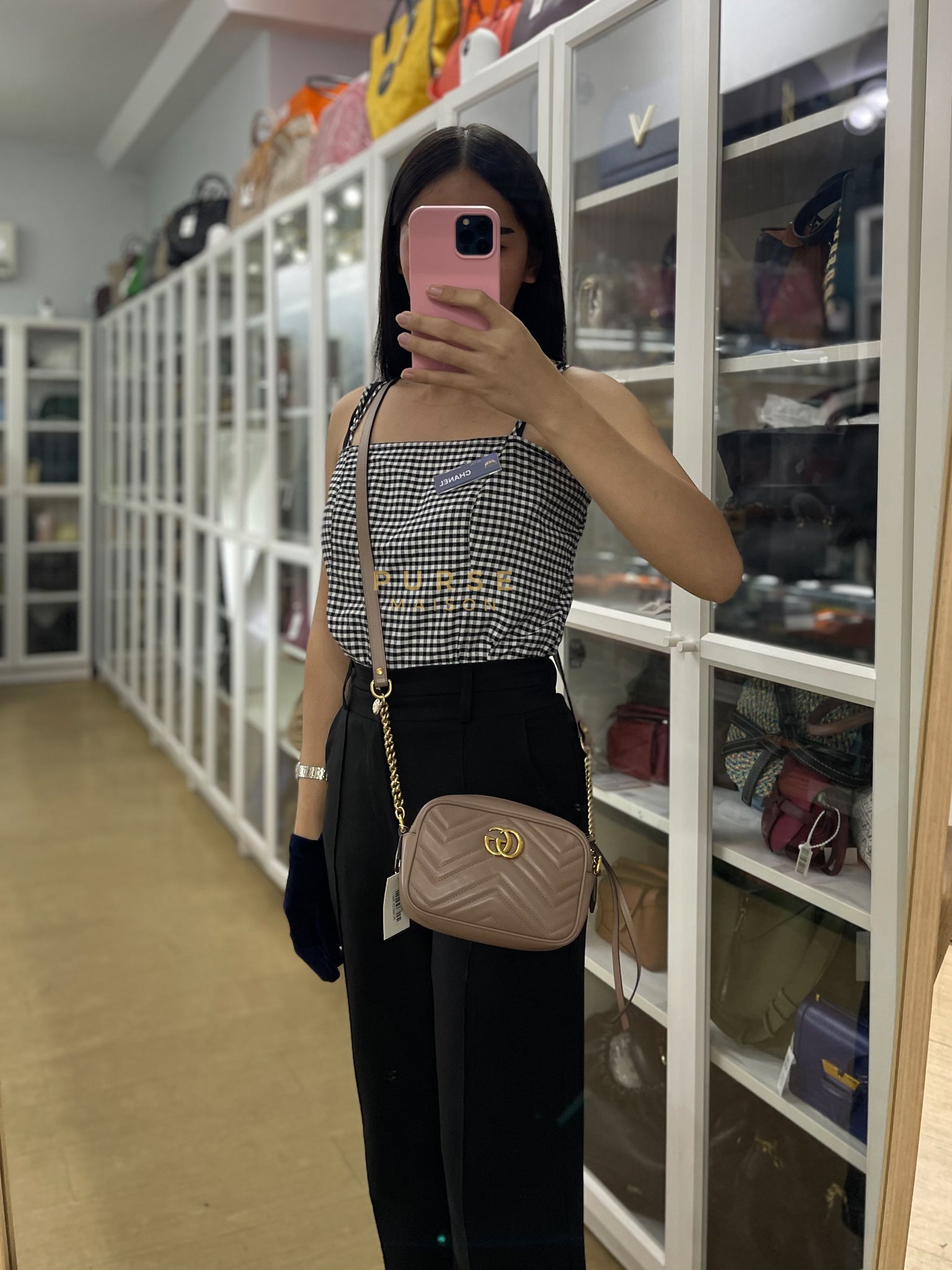 GG Marmont Mini Camera Bag in Dusty Rose Matellase & Gold Hardware | Purse Maison Luxury Bags Shop