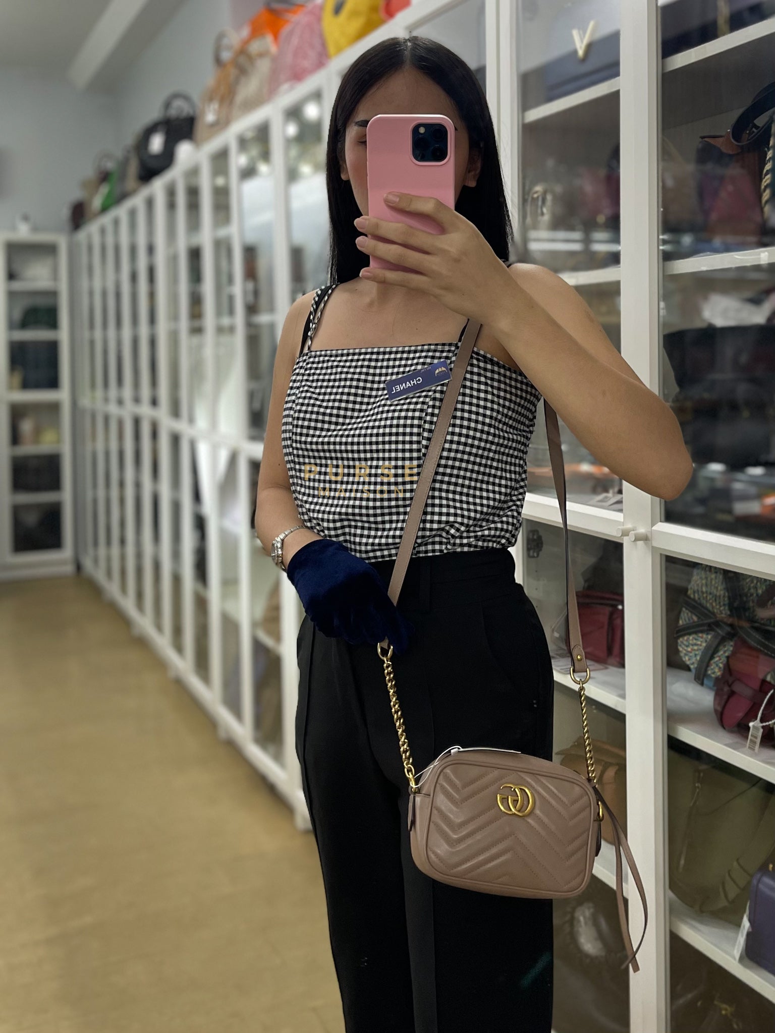 GG Marmont Mini Camera Bag in Dusty Rose Matellase & Gold Hardware | Purse Maison Luxury Bags Shop