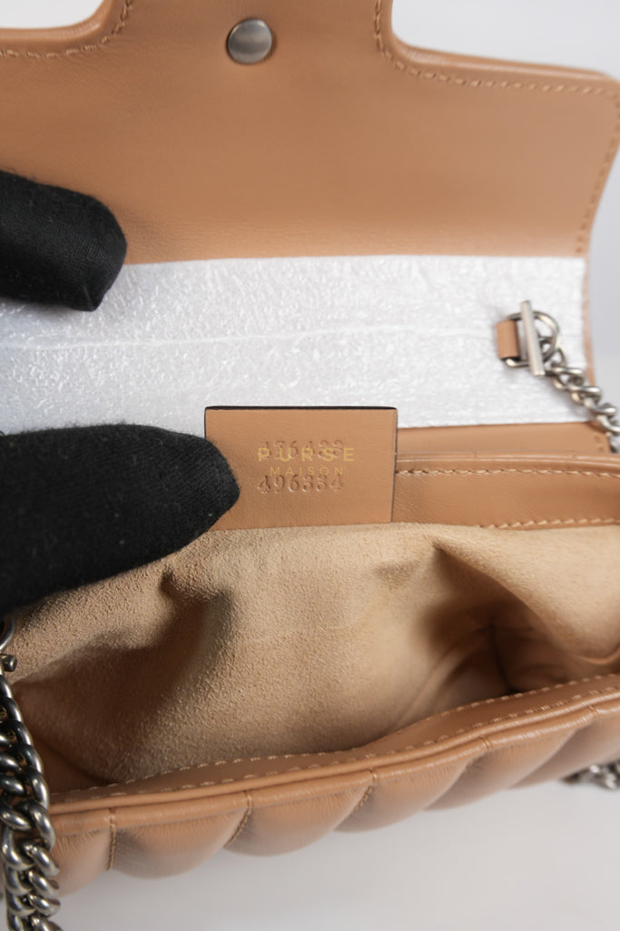 GG Marmont Super Mini Bag in Beige Matellase Leather & Ruthenium Hardware | Purse Maison Luxury Bags Shop