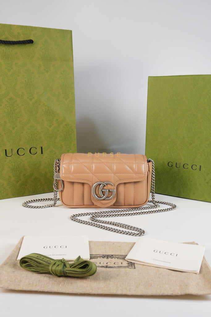 GG Marmont Super Mini Bag in Beige Matellase Leather & Ruthenium Hardware | Purse Maison Luxury Bags Shop