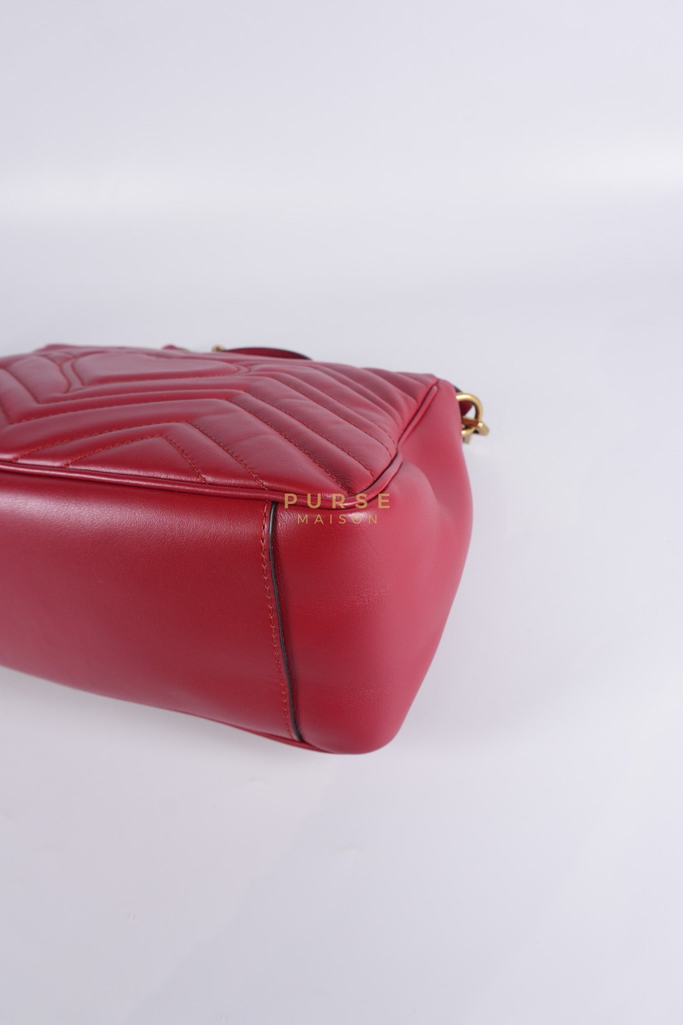 GG Marmont Top Handle Shoulder Bag in Hibiscus Red Calfskin Matelasse Leather & Gold Hardware | Purse Maison Luxury Bags Shop