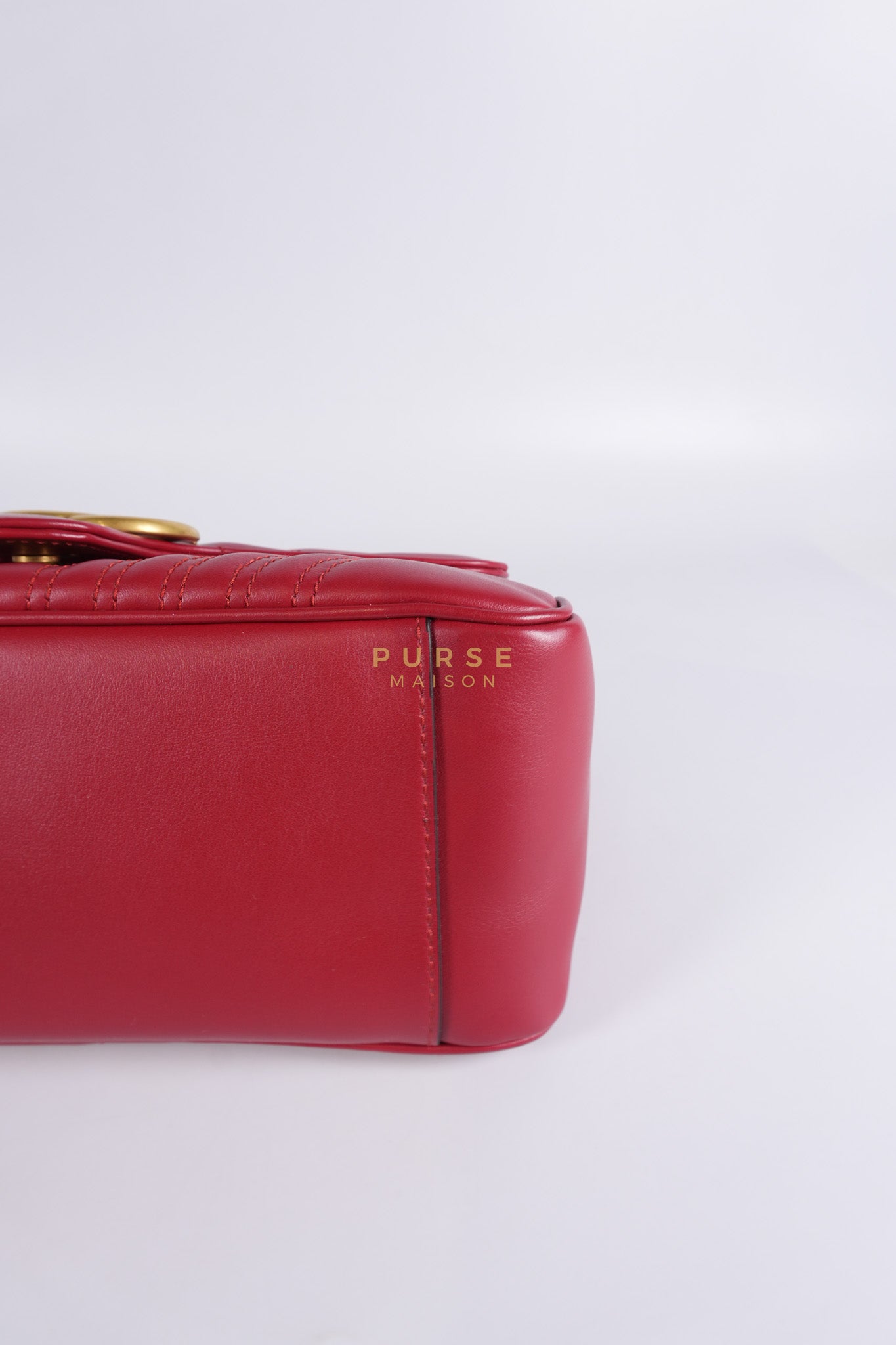 GG Marmont Top Handle Shoulder Bag in Hibiscus Red Calfskin Matelasse Leather & Gold Hardware | Purse Maison Luxury Bags Shop