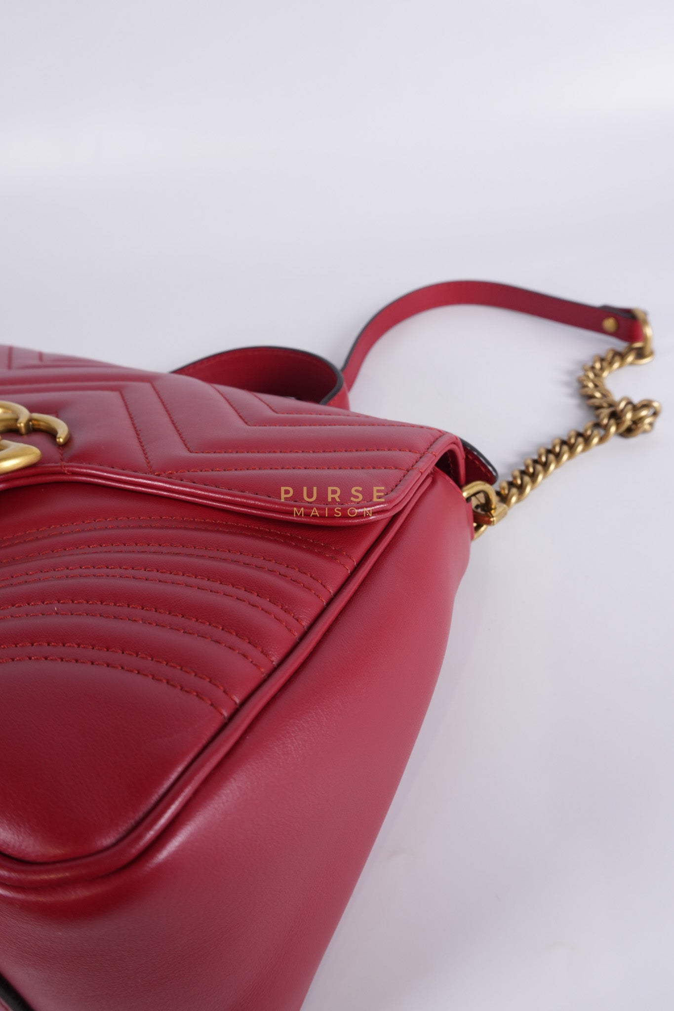 GG Marmont Top Handle Shoulder Bag in Hibiscus Red Calfskin Matelasse Leather & Gold Hardware | Purse Maison Luxury Bags Shop