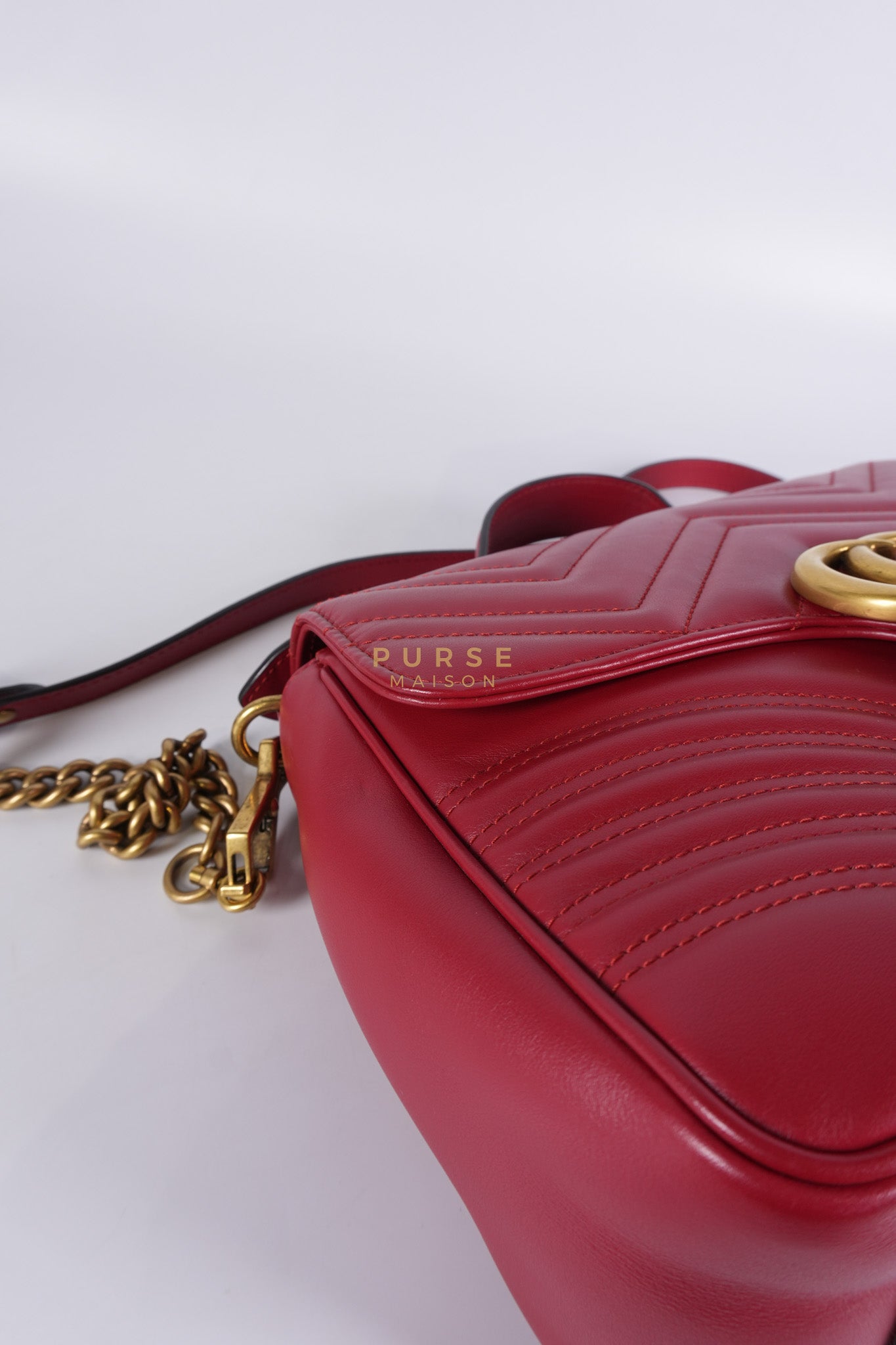 GG Marmont Top Handle Shoulder Bag in Hibiscus Red Calfskin Matelasse Leather & Gold Hardware | Purse Maison Luxury Bags Shop