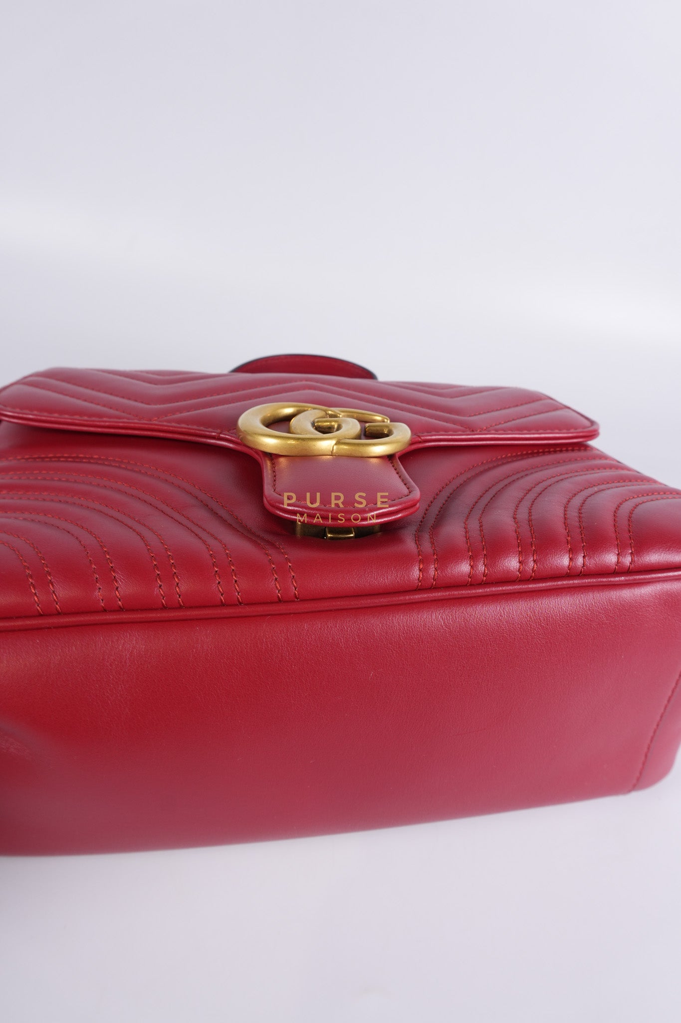 GG Marmont Top Handle Shoulder Bag in Hibiscus Red Calfskin Matelasse Leather & Gold Hardware | Purse Maison Luxury Bags Shop