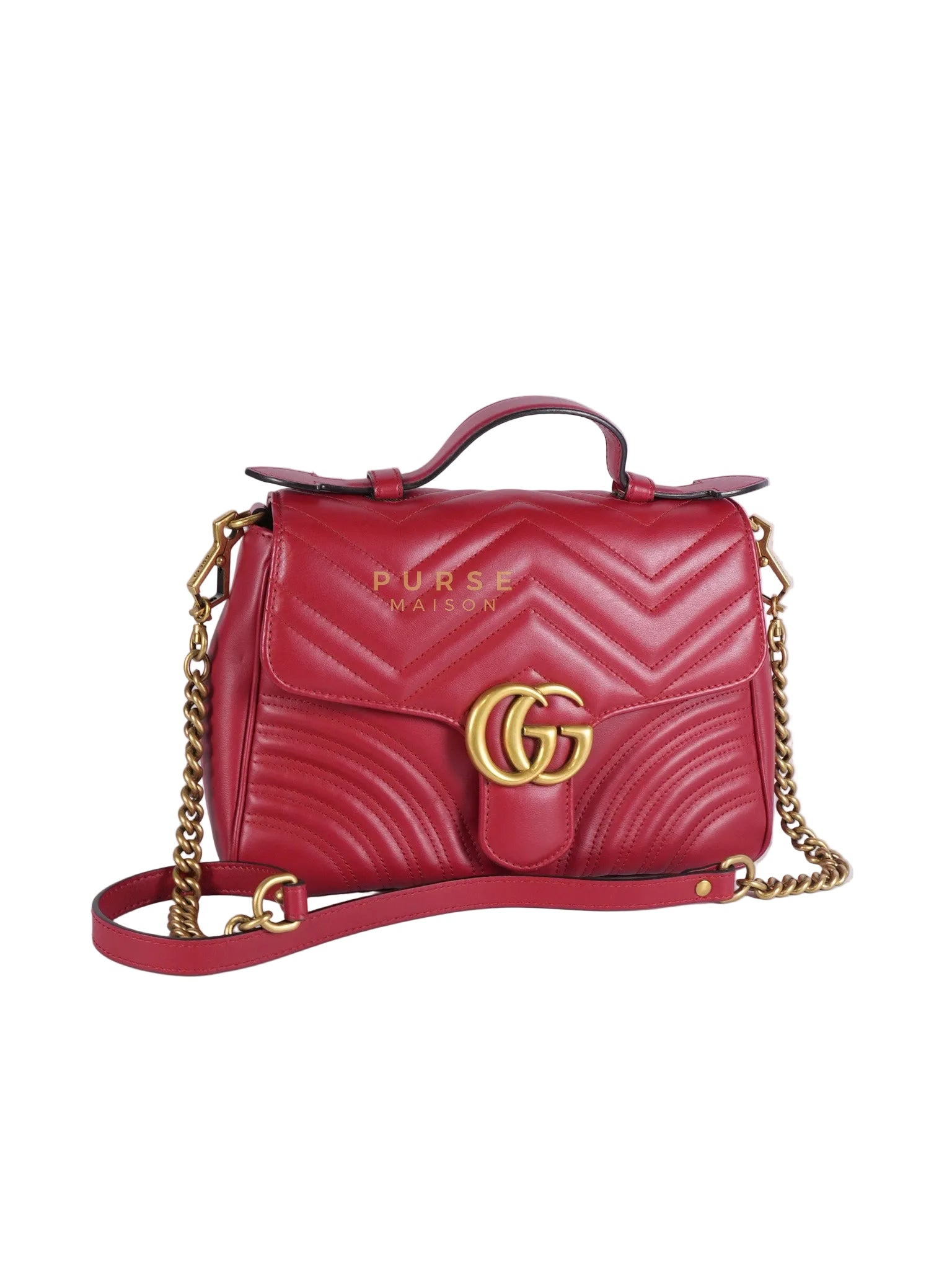 GG Marmont Top Handle Shoulder Bag in Hibiscus Red Calfskin Matelasse Leather & Gold Hardware | Purse Maison Luxury Bags Shop
