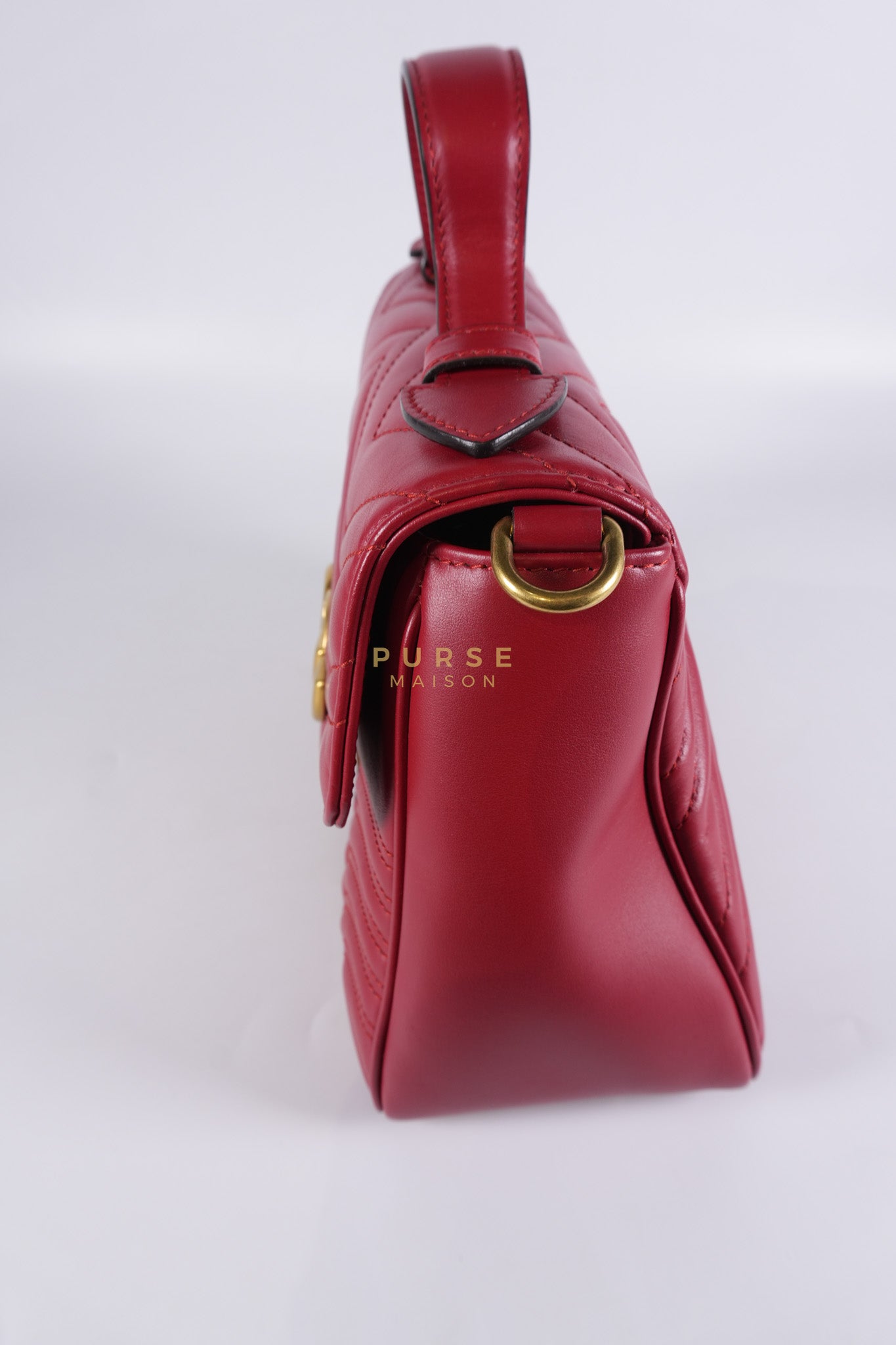 GG Marmont Top Handle Shoulder Bag in Hibiscus Red Calfskin Matelasse Leather & Gold Hardware | Purse Maison Luxury Bags Shop
