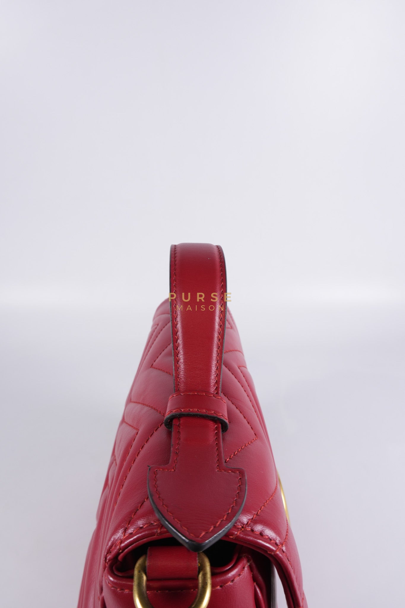 GG Marmont Top Handle Shoulder Bag in Hibiscus Red Calfskin Matelasse Leather & Gold Hardware | Purse Maison Luxury Bags Shop