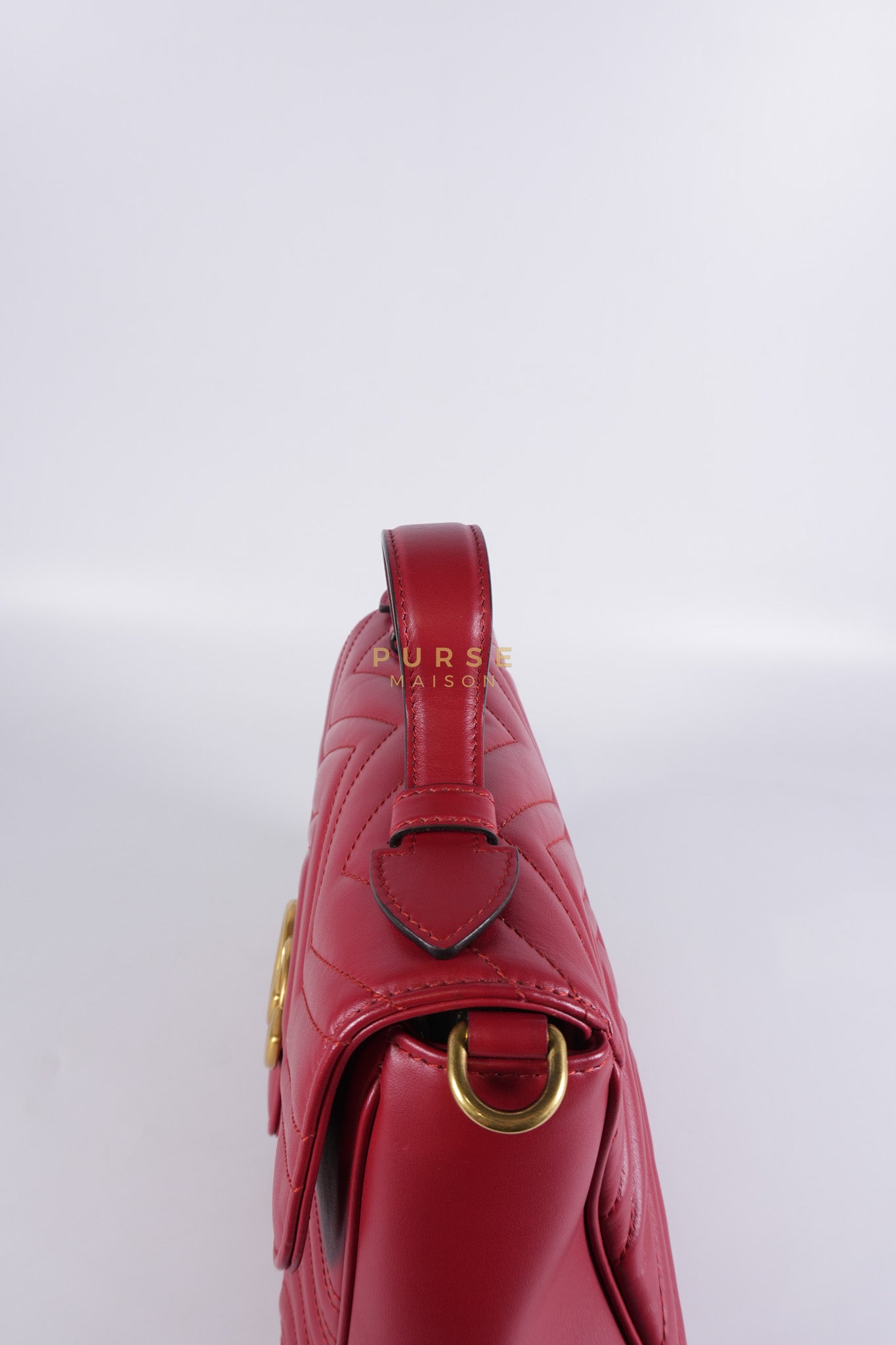 GG Marmont Top Handle Shoulder Bag in Hibiscus Red Calfskin Matelasse Leather & Gold Hardware | Purse Maison Luxury Bags Shop