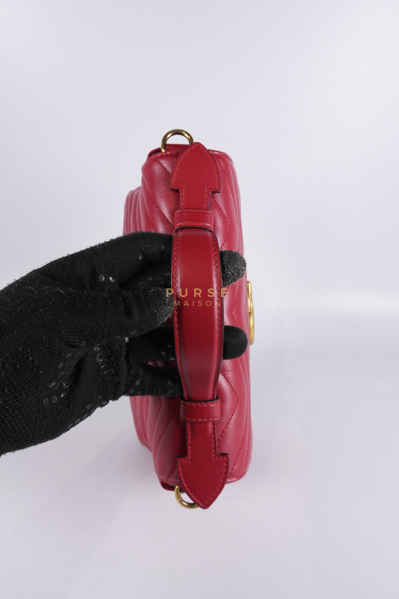 GG Marmont Top Handle Shoulder Bag in Hibiscus Red Calfskin Matelasse Leather & Gold Hardware | Purse Maison Luxury Bags Shop