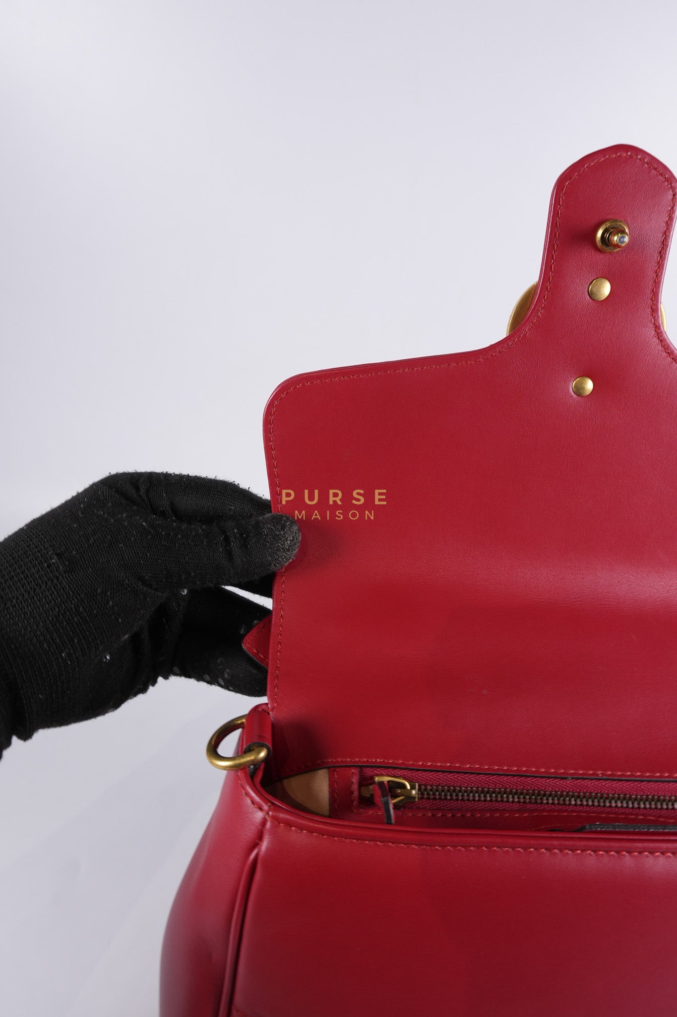 GG Marmont Top Handle Shoulder Bag in Hibiscus Red Calfskin Matelasse Leather & Gold Hardware | Purse Maison Luxury Bags Shop