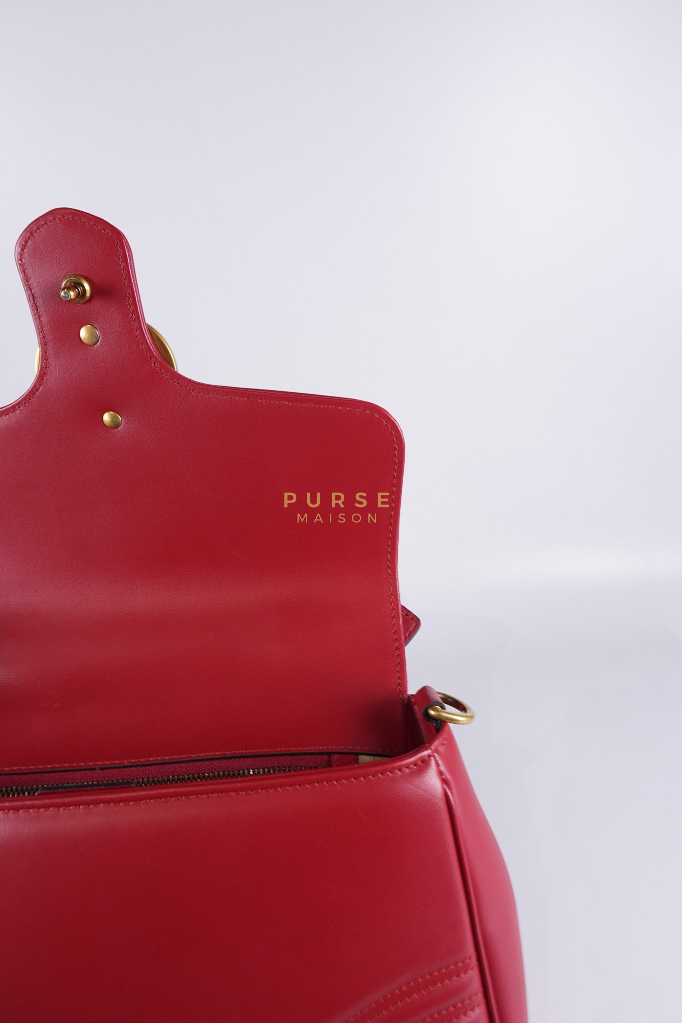 GG Marmont Top Handle Shoulder Bag in Hibiscus Red Calfskin Matelasse Leather & Gold Hardware | Purse Maison Luxury Bags Shop