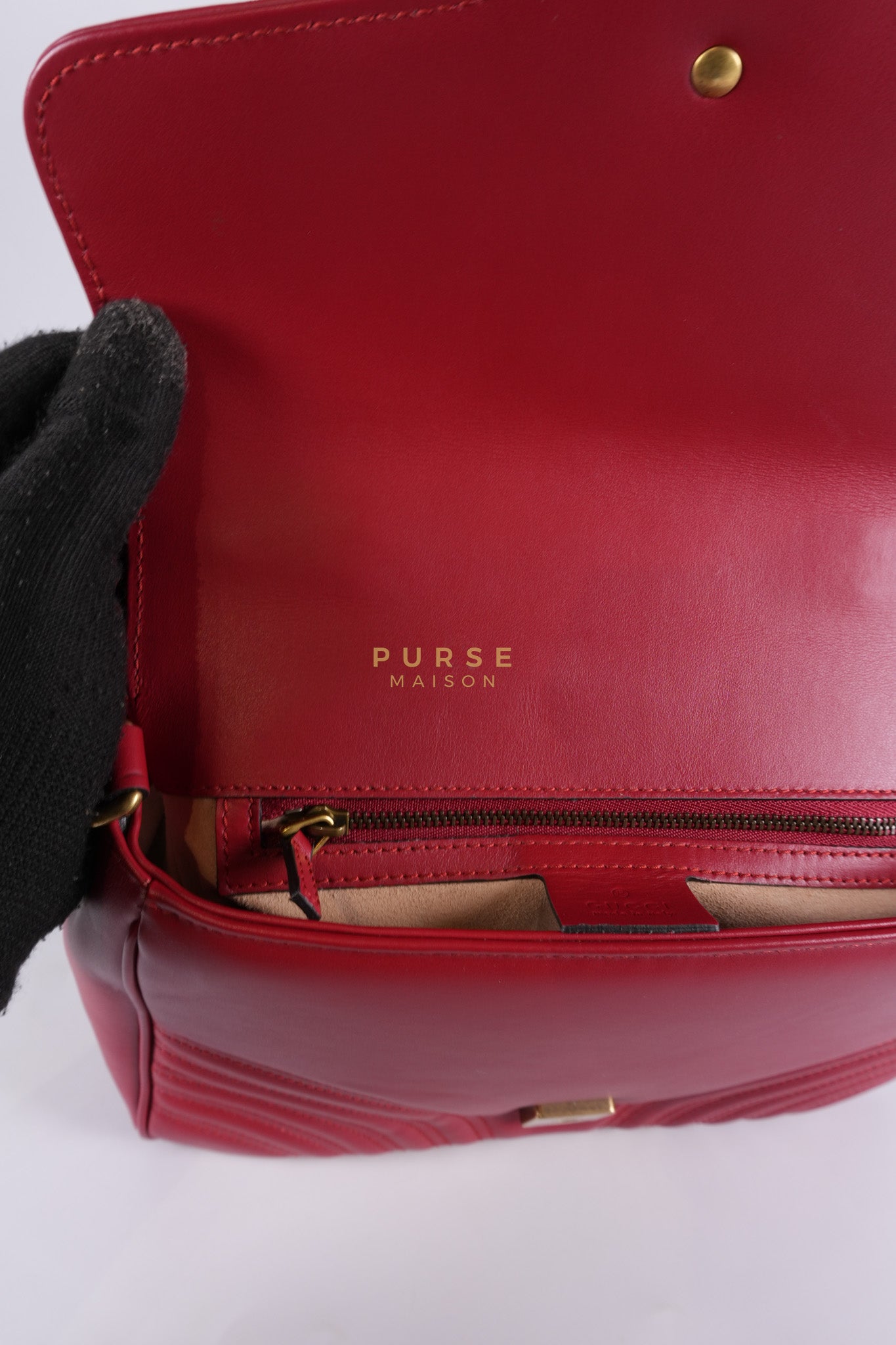 GG Marmont Top Handle Shoulder Bag in Hibiscus Red Calfskin Matelasse Leather & Gold Hardware | Purse Maison Luxury Bags Shop