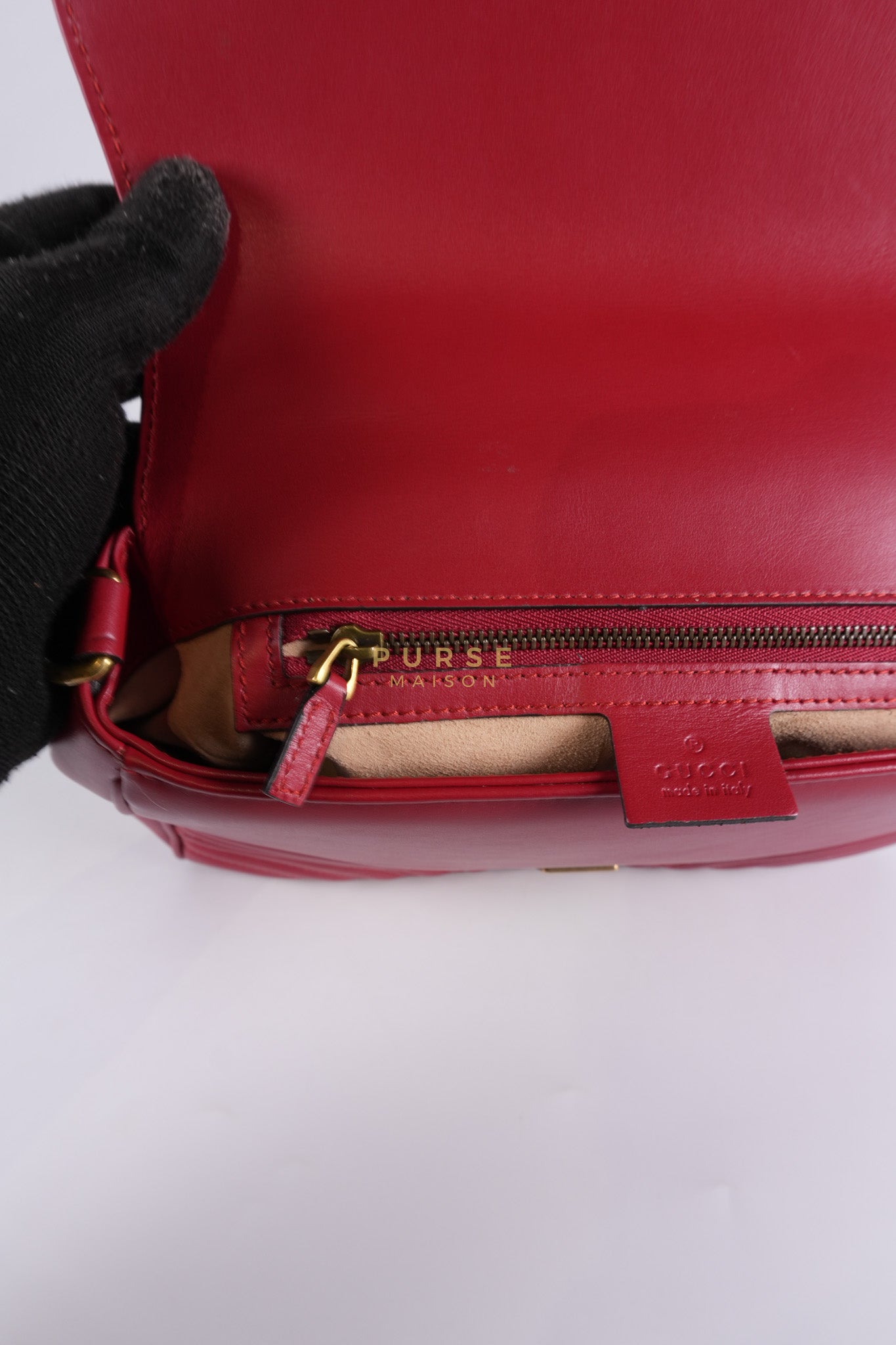 GG Marmont Top Handle Shoulder Bag in Hibiscus Red Calfskin Matelasse Leather & Gold Hardware | Purse Maison Luxury Bags Shop