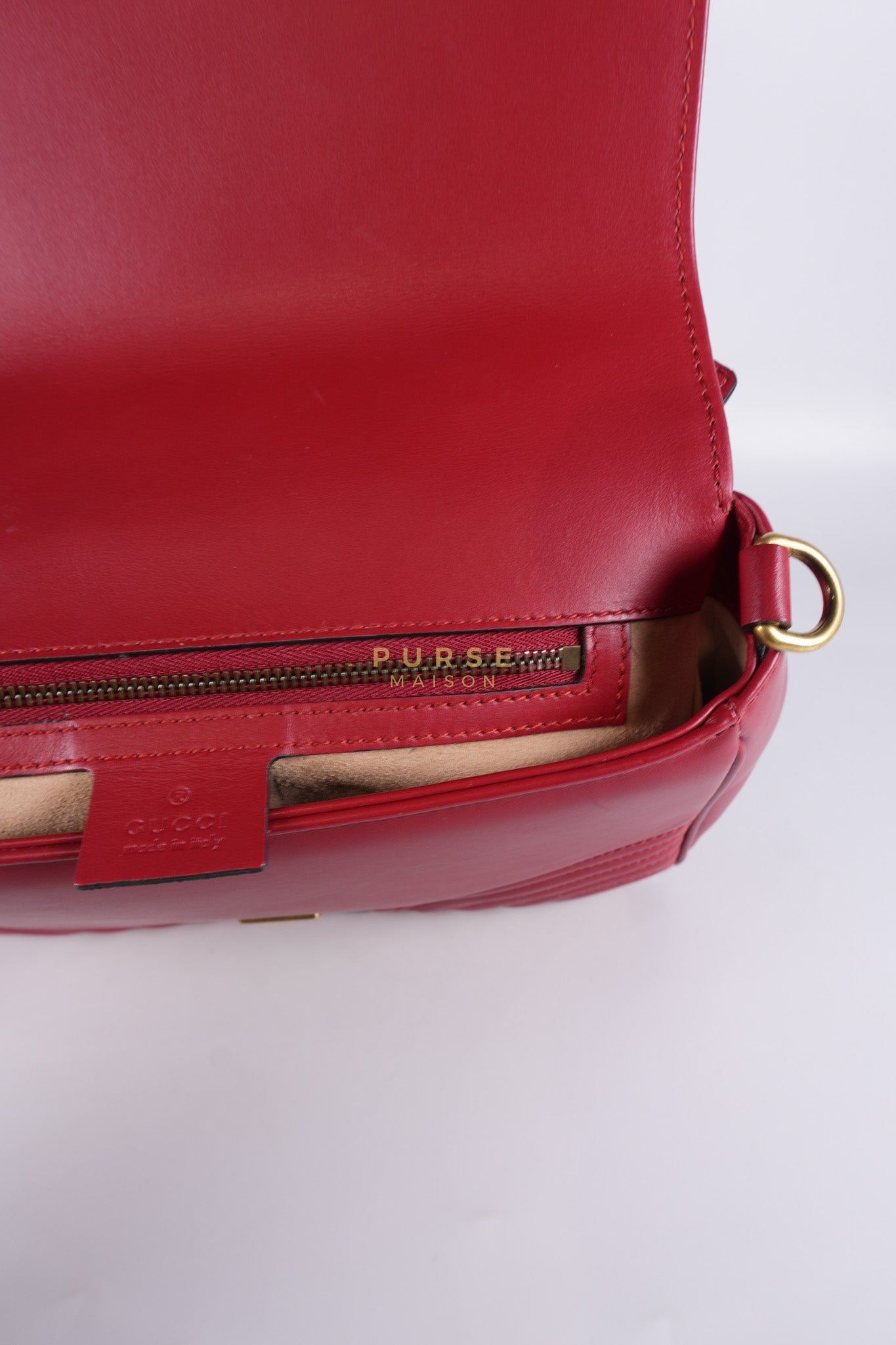 GG Marmont Top Handle Shoulder Bag in Hibiscus Red Calfskin Matelasse Leather & Gold Hardware | Purse Maison Luxury Bags Shop