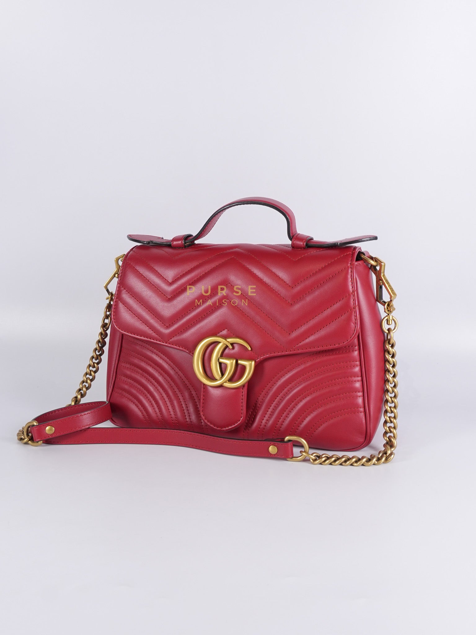 GG Marmont Top Handle Shoulder Bag in Hibiscus Red Calfskin Matelasse Leather & Gold Hardware | Purse Maison Luxury Bags Shop