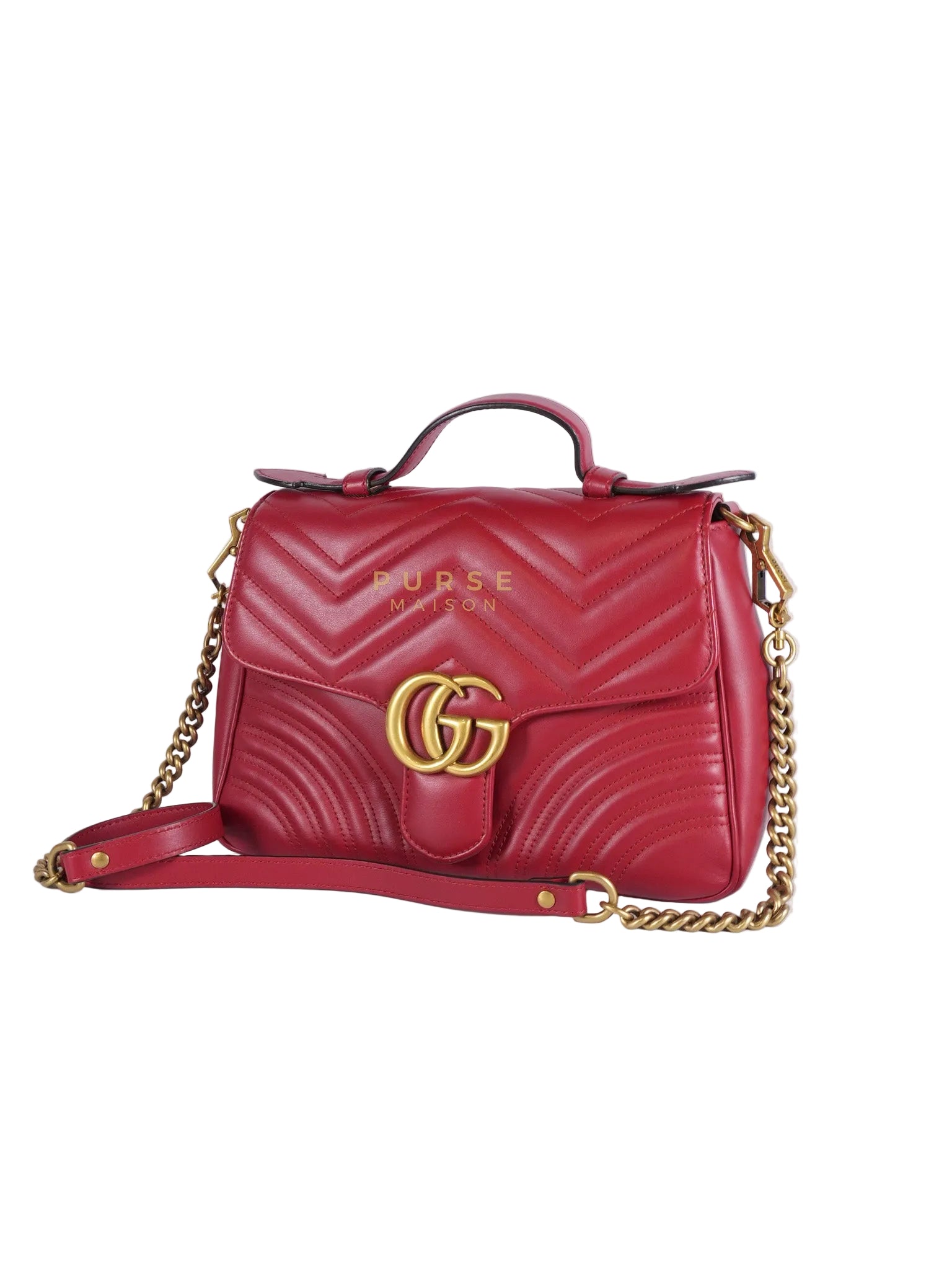 GG Marmont Top Handle Shoulder Bag in Hibiscus Red Calfskin Matelasse Leather & Gold Hardware | Purse Maison Luxury Bags Shop