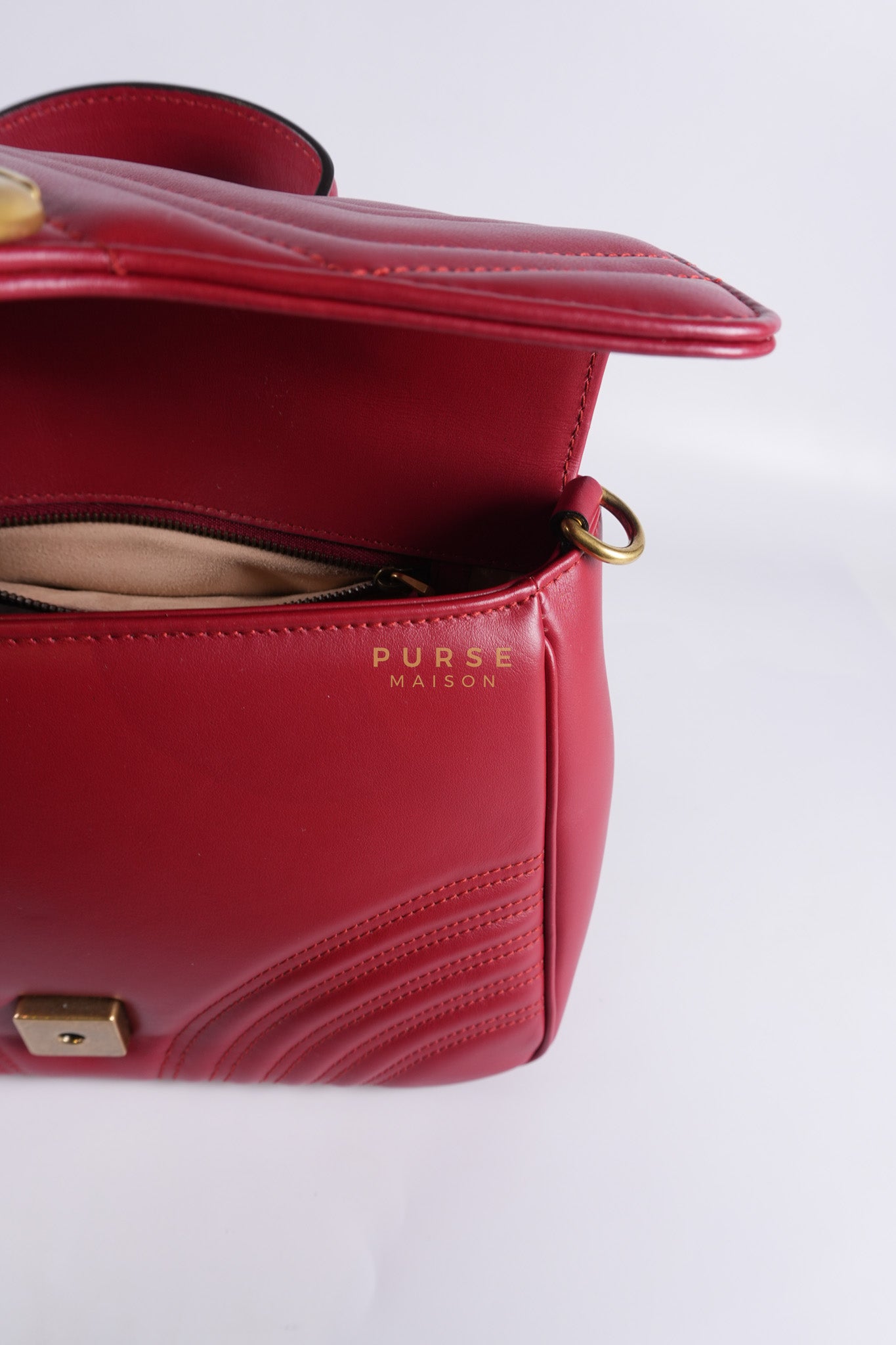 GG Marmont Top Handle Shoulder Bag in Hibiscus Red Calfskin Matelasse Leather & Gold Hardware | Purse Maison Luxury Bags Shop