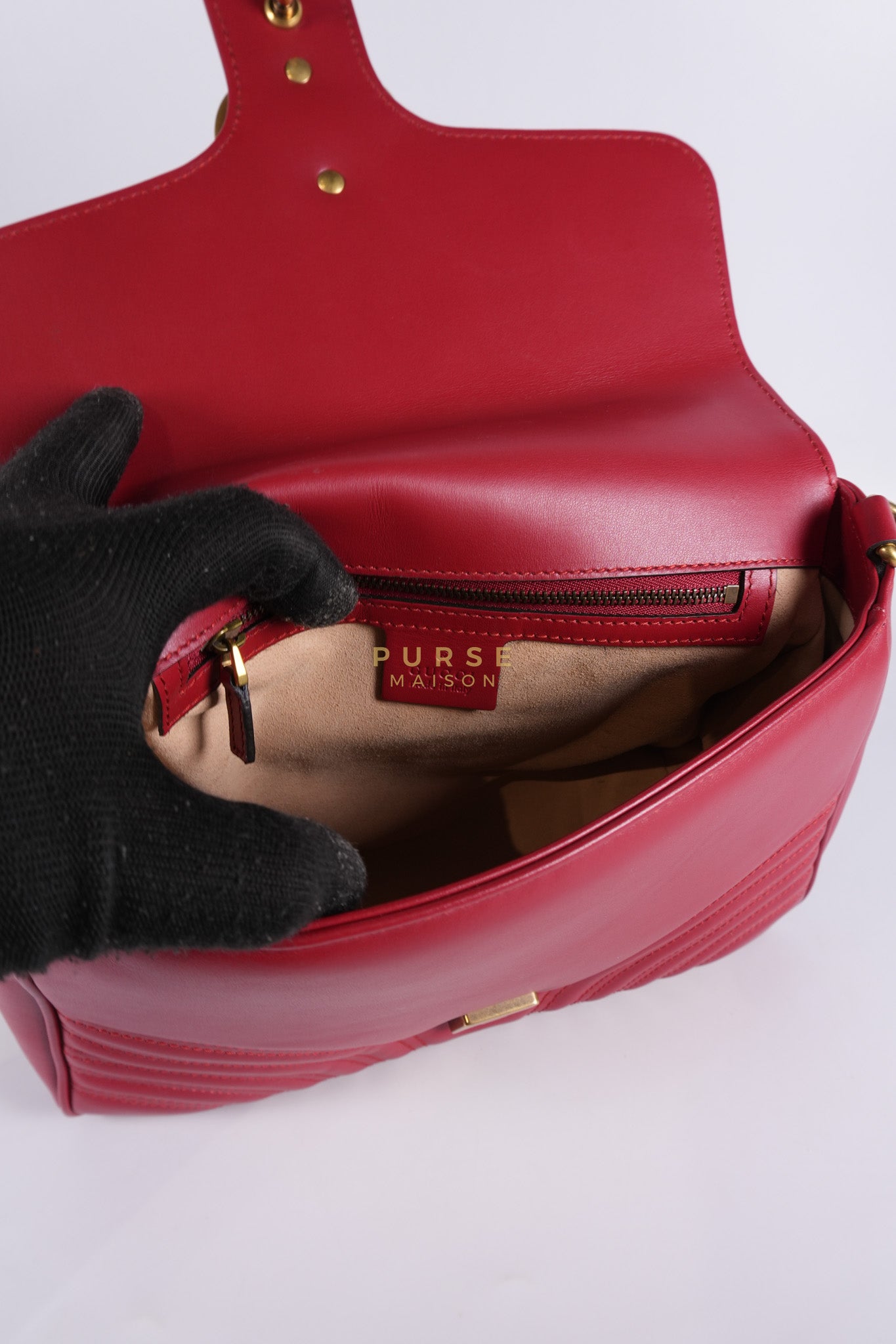 GG Marmont Top Handle Shoulder Bag in Hibiscus Red Calfskin Matelasse Leather & Gold Hardware | Purse Maison Luxury Bags Shop