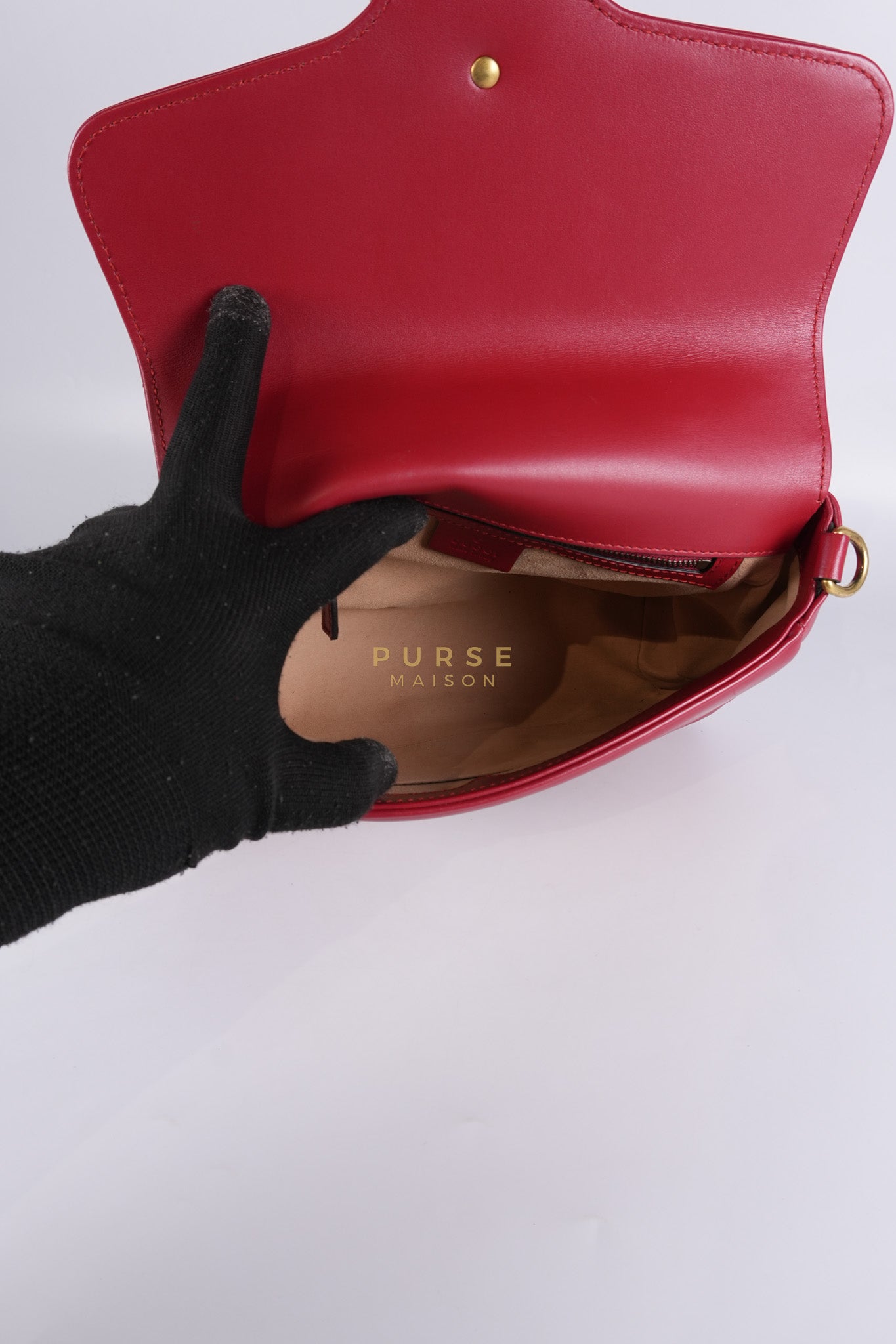 GG Marmont Top Handle Shoulder Bag in Hibiscus Red Calfskin Matelasse Leather & Gold Hardware | Purse Maison Luxury Bags Shop