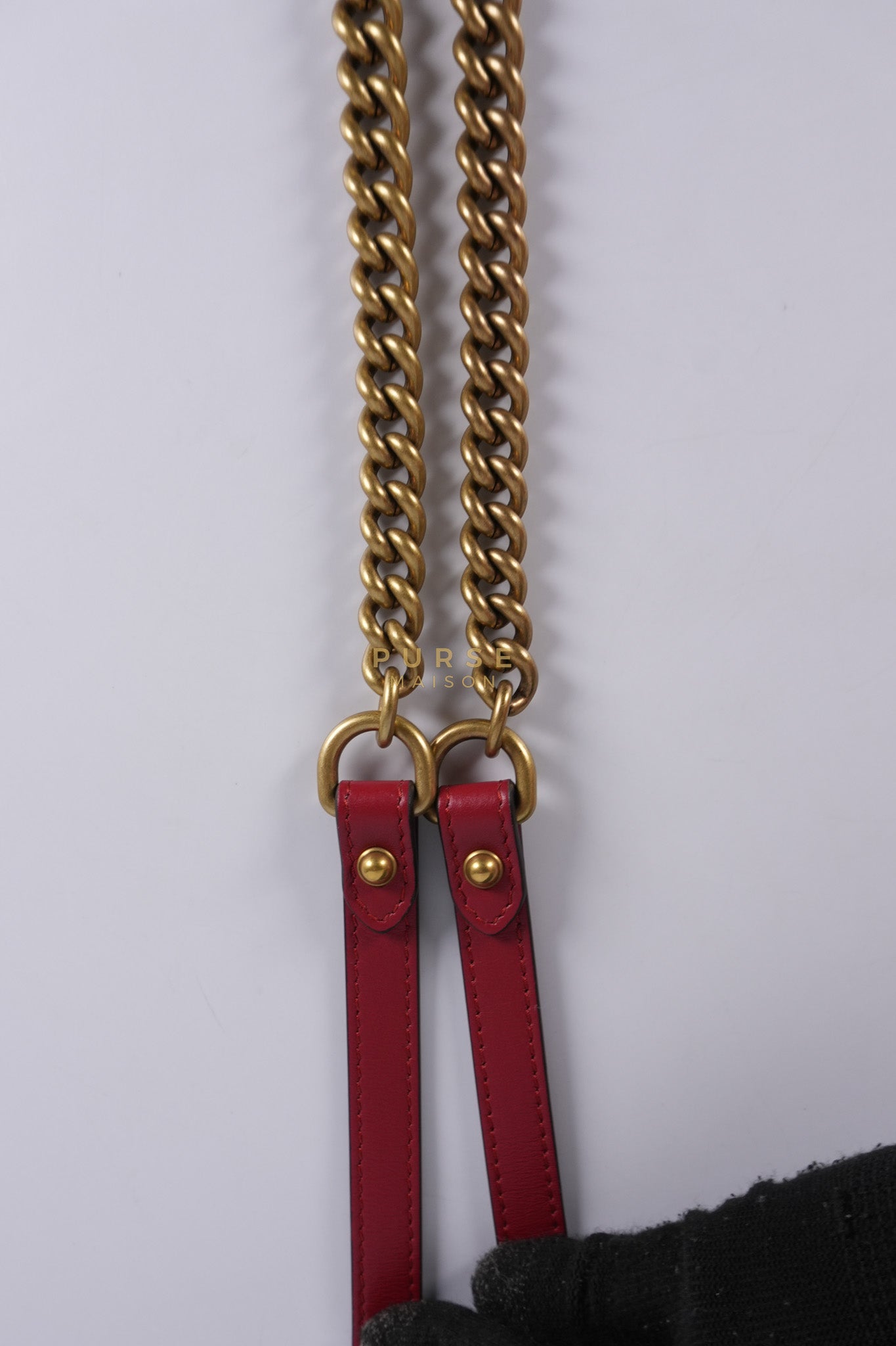 GG Marmont Top Handle Shoulder Bag in Hibiscus Red Calfskin Matelasse Leather & Gold Hardware | Purse Maison Luxury Bags Shop