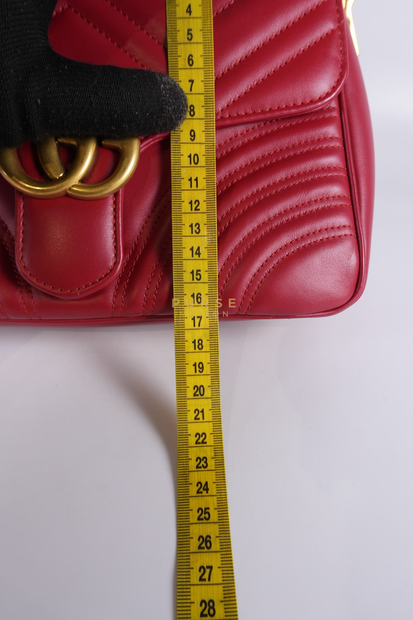 GG Marmont Top Handle Shoulder Bag in Hibiscus Red Calfskin Matelasse Leather & Gold Hardware | Purse Maison Luxury Bags Shop