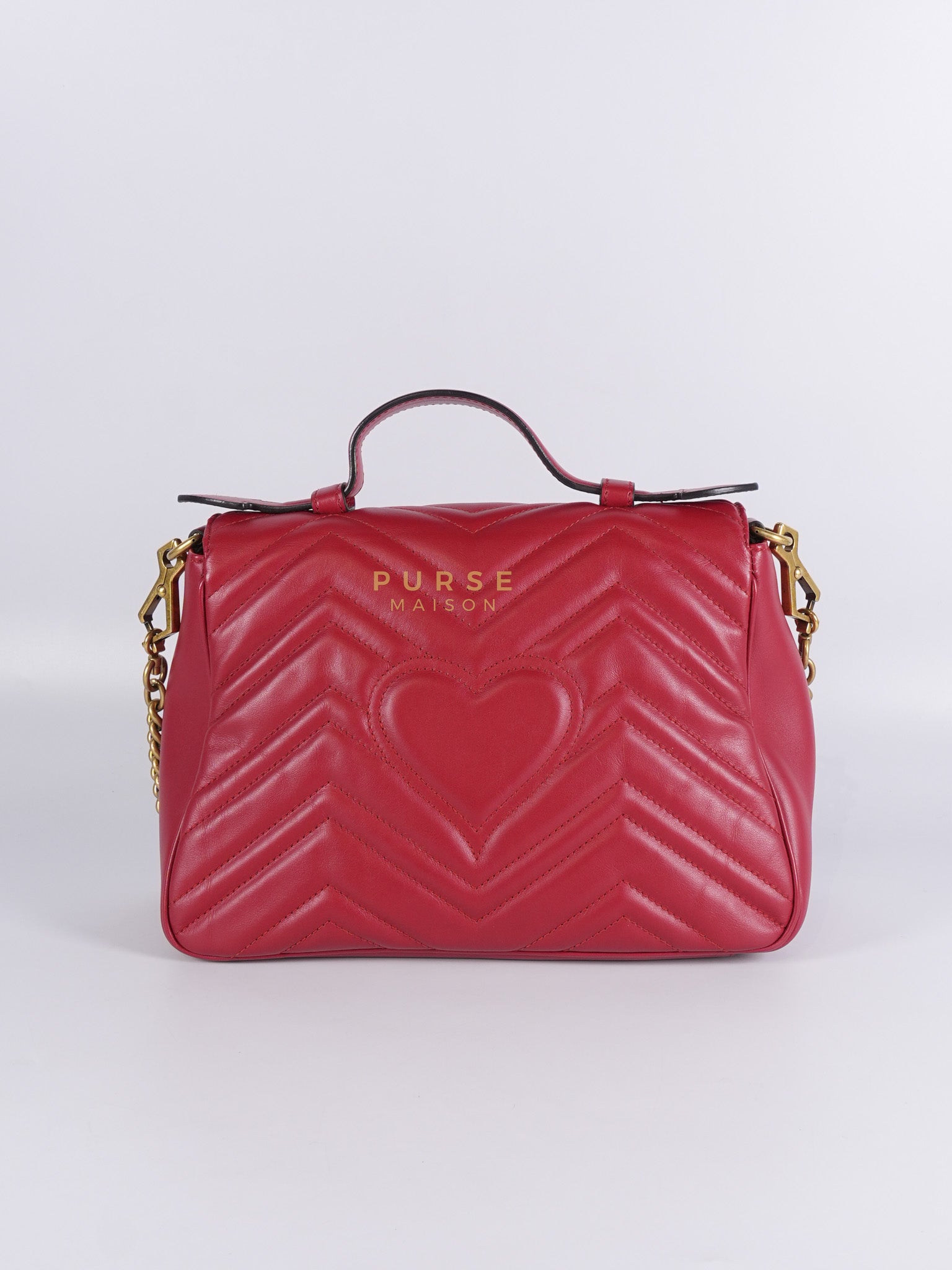 GG Marmont Top Handle Shoulder Bag in Hibiscus Red Calfskin Matelasse Leather & Gold Hardware | Purse Maison Luxury Bags Shop