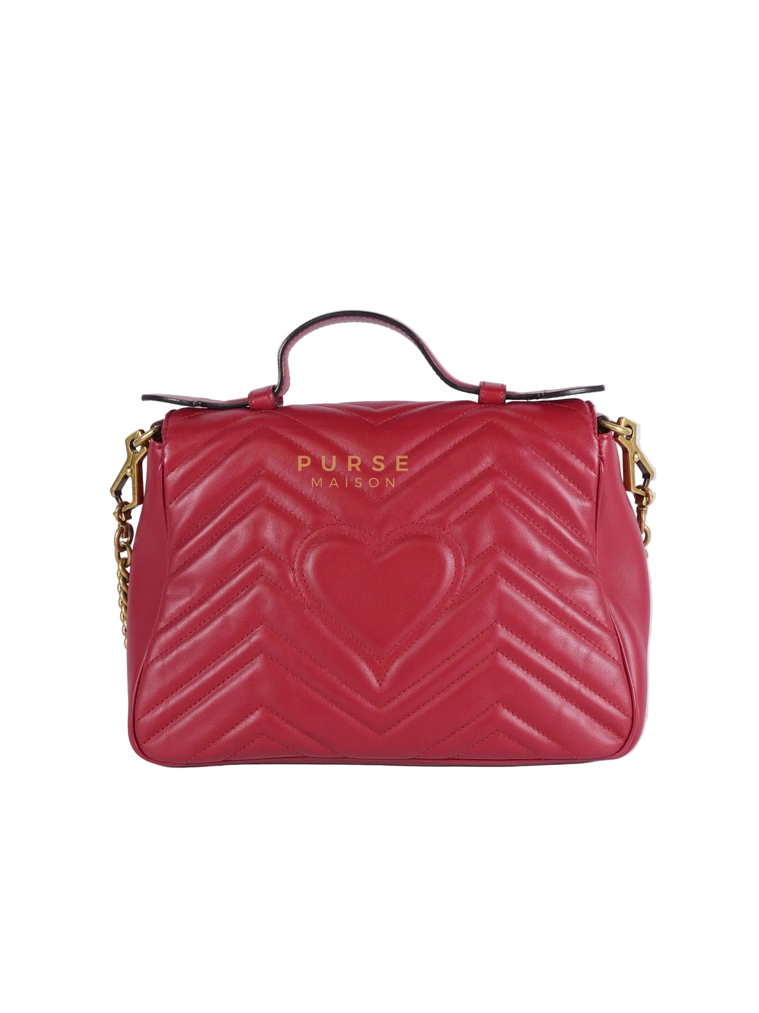 GG Marmont Top Handle Shoulder Bag in Hibiscus Red Calfskin Matelasse Leather & Gold Hardware | Purse Maison Luxury Bags Shop