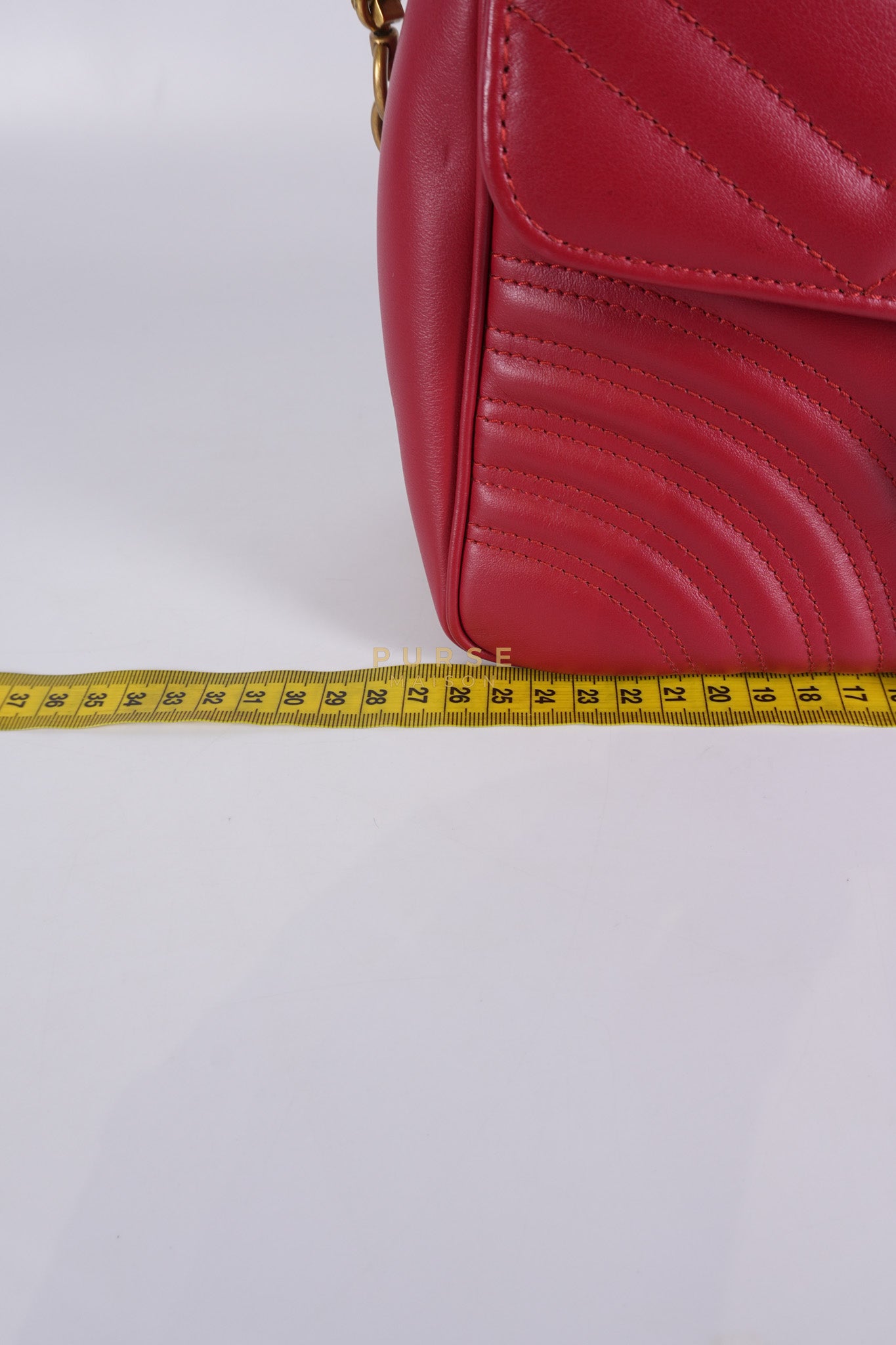 GG Marmont Top Handle Shoulder Bag in Hibiscus Red Calfskin Matelasse Leather & Gold Hardware | Purse Maison Luxury Bags Shop