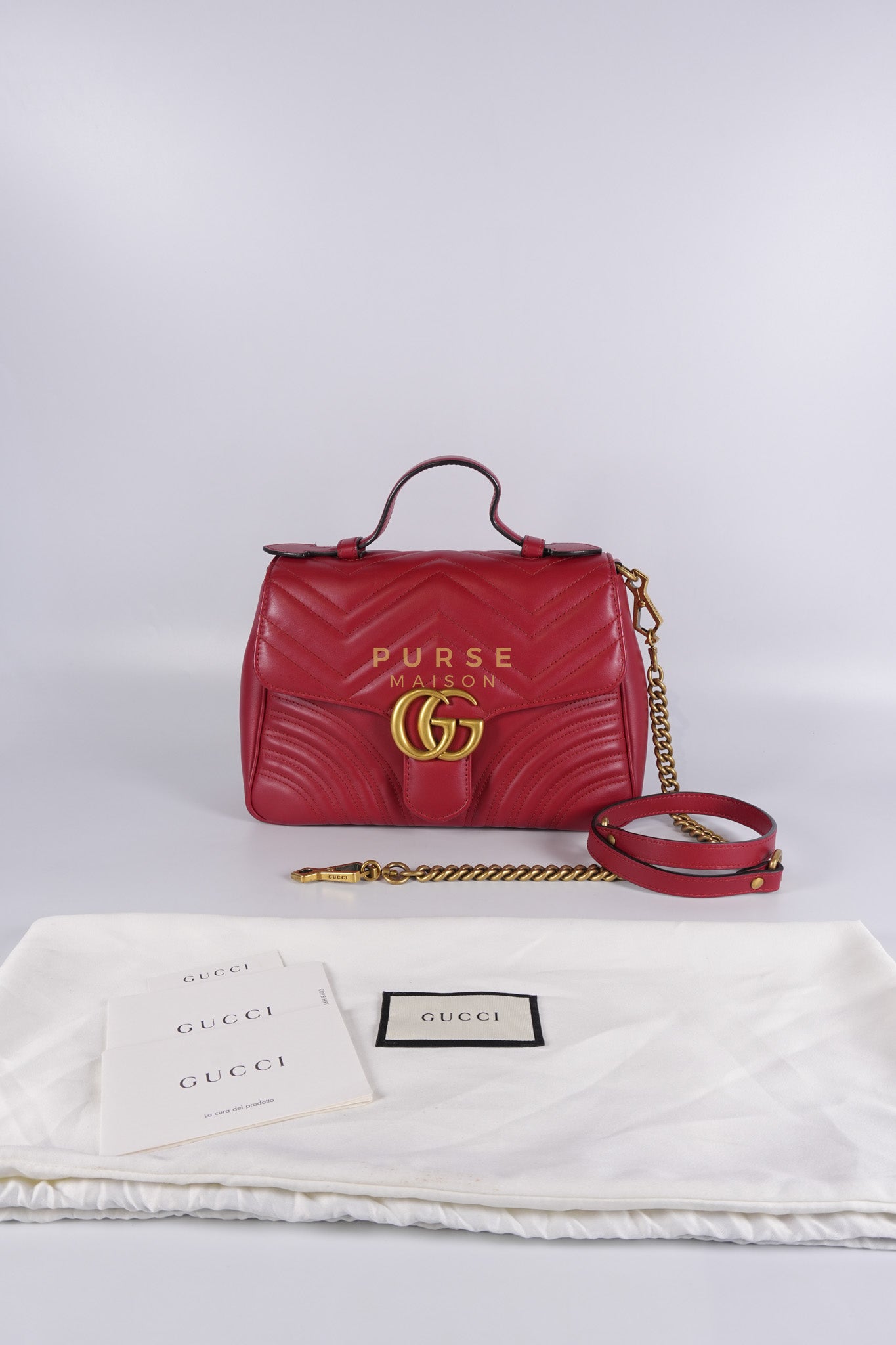 GG Marmont Top Handle Shoulder Bag in Hibiscus Red Calfskin Matelasse Leather & Gold Hardware | Purse Maison Luxury Bags Shop