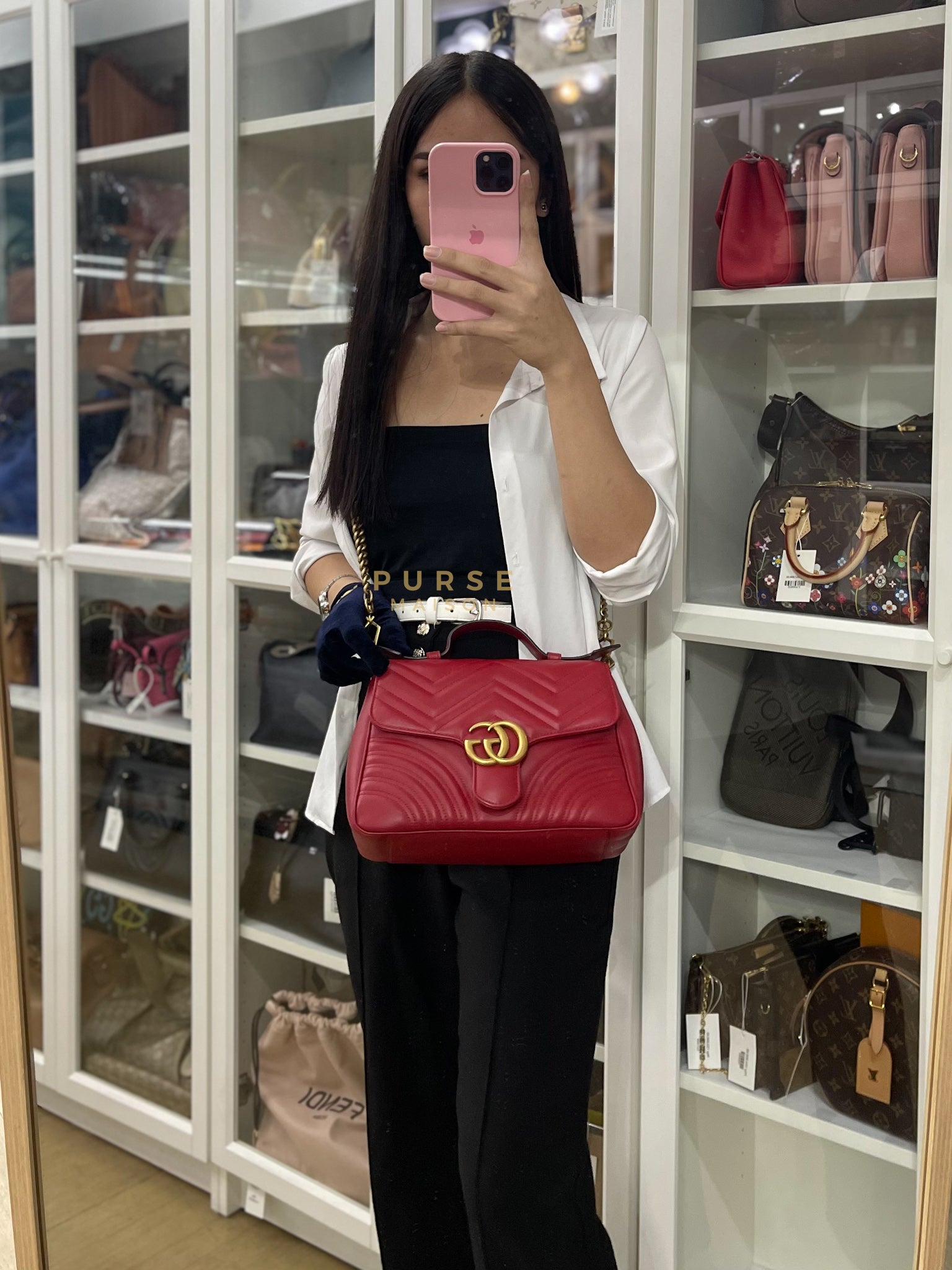 GG Marmont Top Handle Shoulder Bag in Hibiscus Red Calfskin Matelasse Leather & Gold Hardware | Purse Maison Luxury Bags Shop